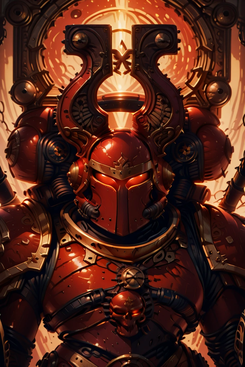 masterpiece, best quality,   Khrn, (KhorneSymbol), horns, solo, weapon, armor, helmet, shield, full armor, gold armor, red armor, space marine, vibrant lighting, high contrast, dramatic shadows, highly detailed,  <lora:KhorneWorldIXL_v2:1.0>,  <lora:RealisticAnimeIXL_v2:1.0>,