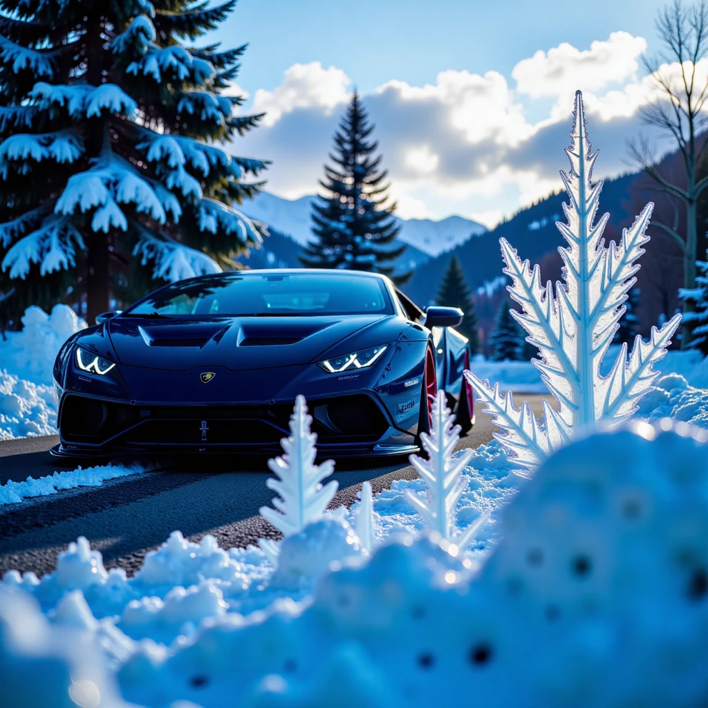 A gleaming Lamborghini majestically situated amidst a winter wonderland, snow-covered trees gently swaying in the background. The car's tires slightly powdered, delicate snow crystals suspended around it as if frozen in time. In the foreground, an intricate ice sculpture takes center stage, frosty beauty glistening under soft, blue-tinged light of a winter sunset.