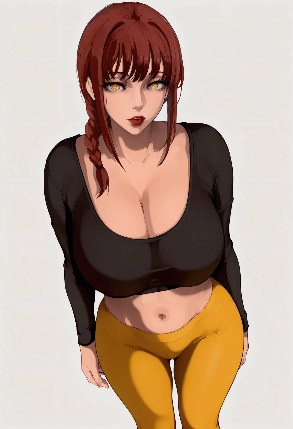 masterpiece,best quality,amazing quality,<lora:mamimi_mamamimi_style_illustrious_goofy:1> mamimi  style, 1girl, makima (chainsaw man), braid, braided ponytail, breasts, cleavage, crop top, huge breasts, leggings, lips, long sleeves, looking at viewer, low-cut, mature female, midriff, mind control, navel, red hair, red lips, ringed eyes, solo, white background, yellow eyes, yellow leggings