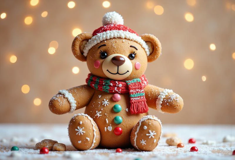 Teddy bear has a characteristic plush shape, with a rounded head, short paws and large ears. His body should be small to match the size of a gingerbread cookie. 