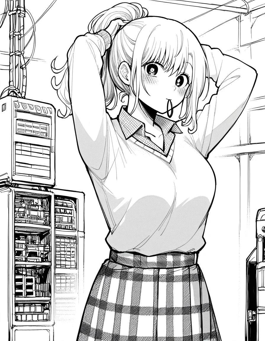 score_9, score_8_up, score_7_up, source_anime, <lora:mona-kawai-manga-ponyxl-lora-nochekaiser:1>, mona kawai, long hair, bright pupils, large breasts, monochrome, greyscale,, skirt, plaid, plaid skirt, sweater, long sleeves, shirt, white shirt, collared shirt,, factory, machines, workers, assembly, production, , <lora:hair-tie-in-mouth-ponyxl-lora-nochekaiser:1>, hair tie in mouth, hair tie, mouth hold, rubber band, blush, tying hair, adjusting hair, hands in hair, arms up, arms behind head, ponytail, hand in own hair, hair lift, cowboy shot, looking at viewer, looking at viewer, solo,, dutch angle, cowboy shot