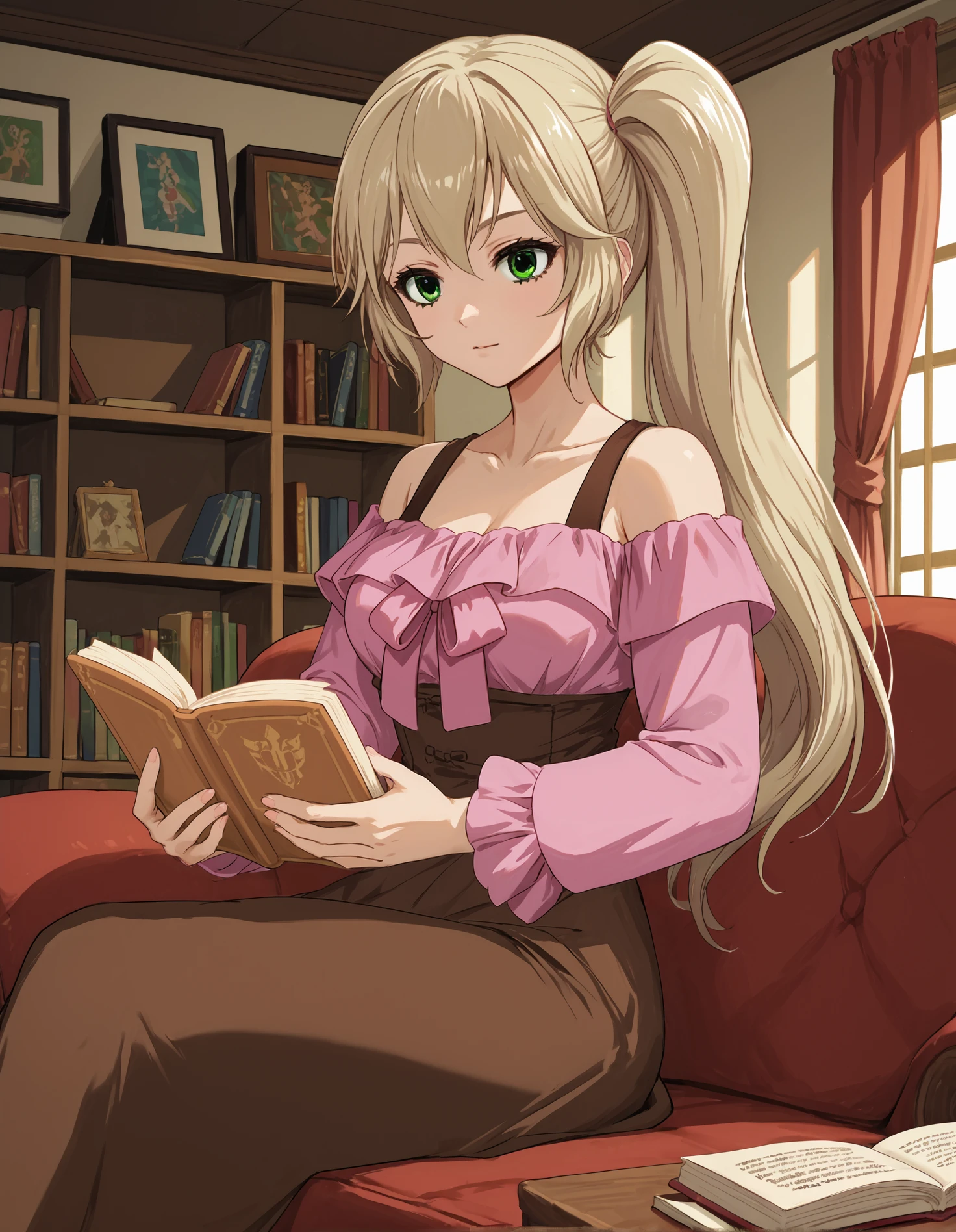 score_9, score_8_up, source_anime, 1girl, cowboy shot, detailed, dutch angle, pmmmorikomikuni, blonde hair, side ponytail, green eyes, brown sleeveless dress, pink off-shoulder shirt, pink bowtie, armchair, sitting, indoors, room, (holding book, reading), (side view:0.65), <lora:pmmmorikomikuni_XL:0.9>