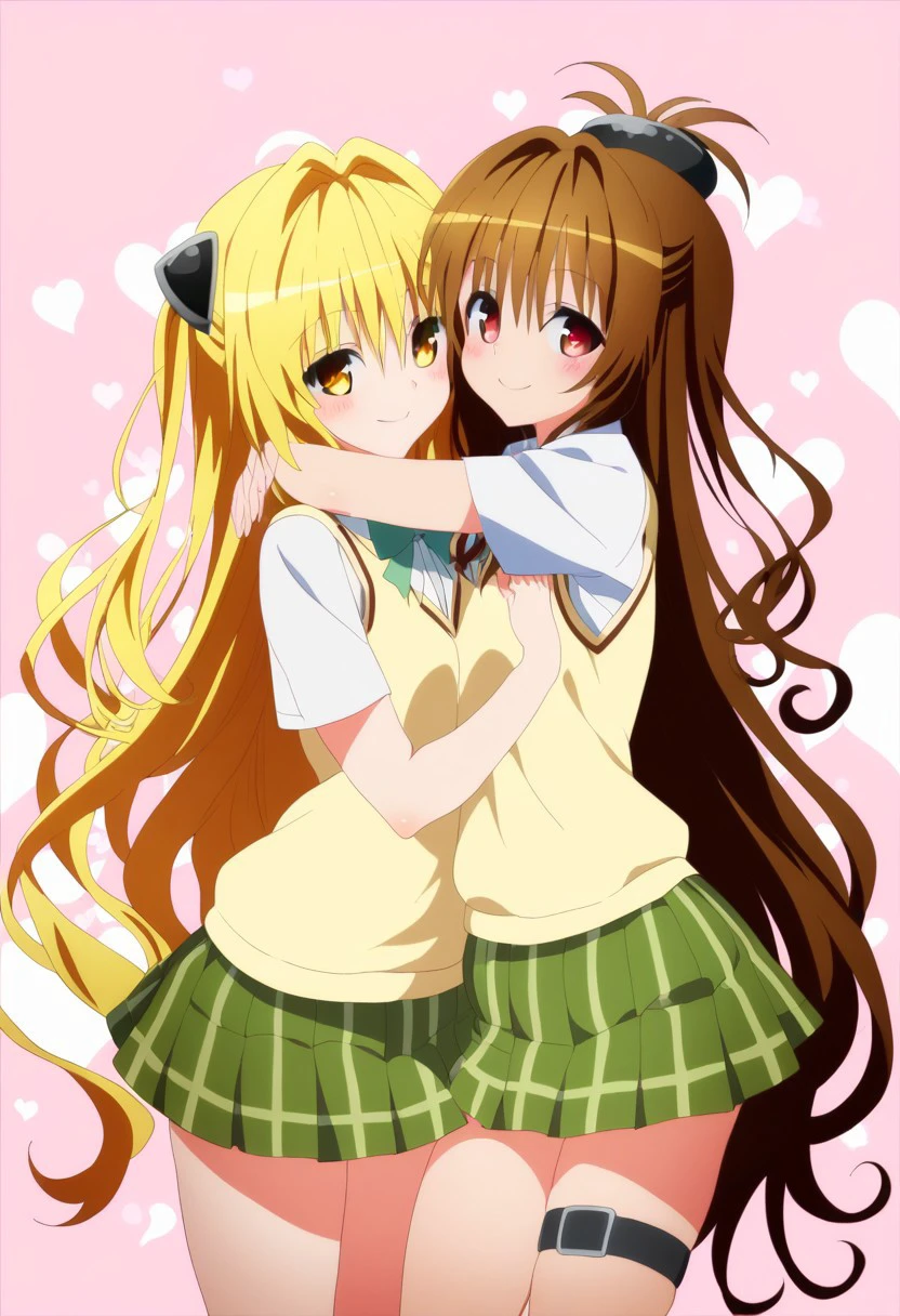 score_9, score_8_up, score_8,      
2girls, hug, happy, blush, smile, 
konjiki no yami, red eyes, long hair, blonde hair, two side up, hair between eyes, hair intakes, very long hair, 
(yuuki mikan, yellow eyes, long hair, brown hair, ),
skirt, school uniform, pleated skirt, thigh strap, sweater vest, bangs, shirt, hair ornament, bow, white shirt, short sleeves, collared shirt, miniskirt, 
looking at viewer,   cowboy shot, heart background,