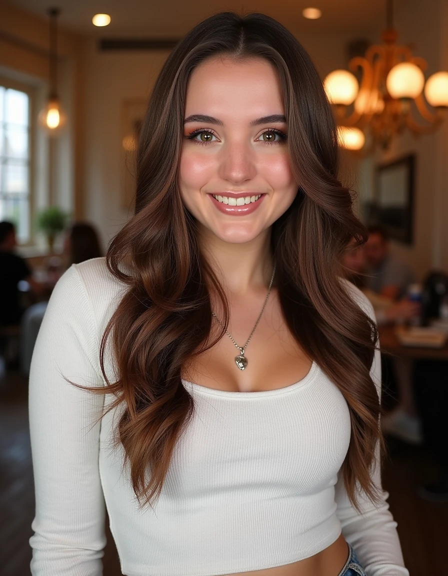 This is an image of 3L41R1D4, a beautiful detailed photograph, hair cascading, makeup, wearing casual clothes, standing in a cafe looking at the viewer, smiling, showing her teeth.