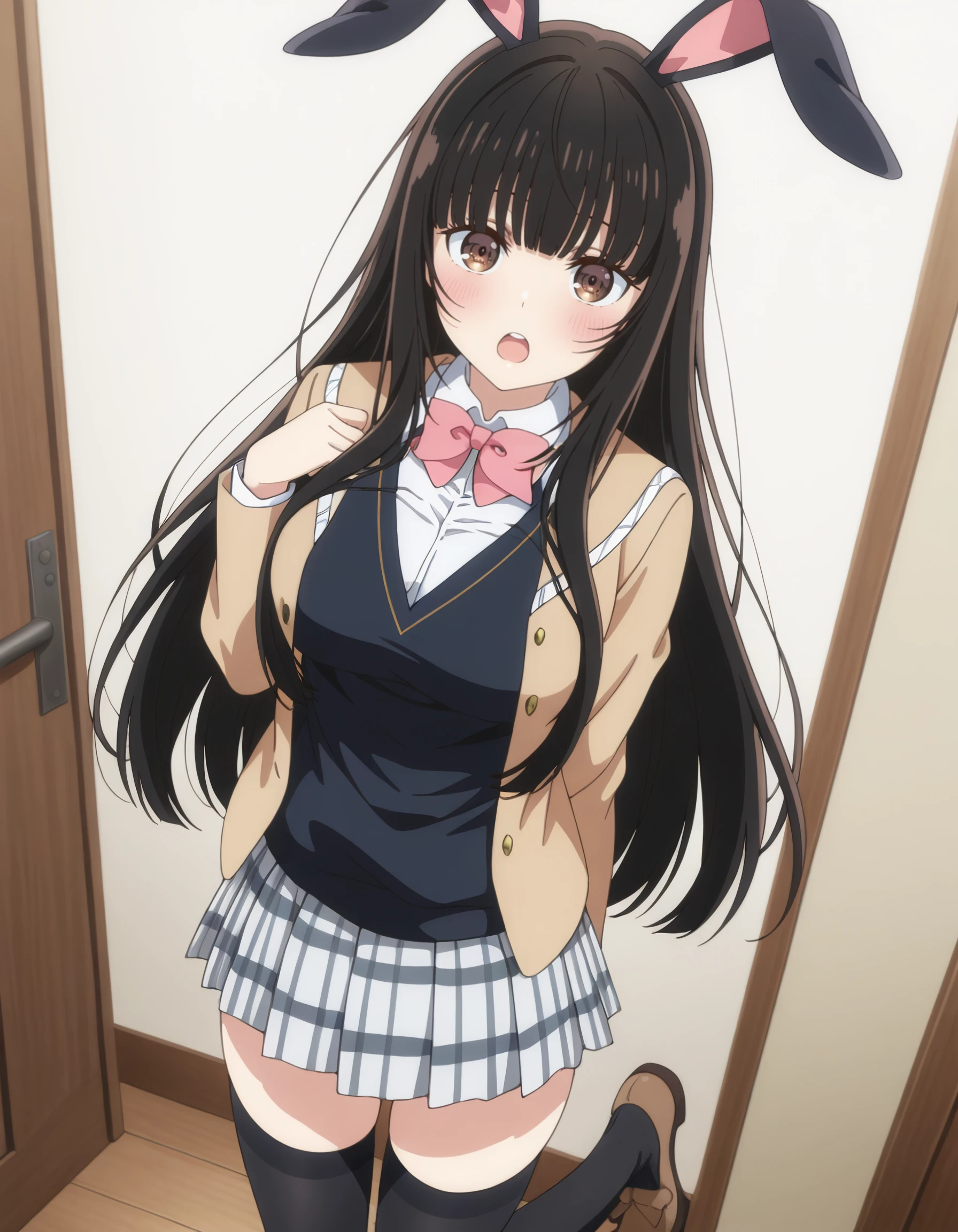 masterpiece, best quality, amazing quality,  <lora:seirei_gensouki_-_miharu_ayase_il:1> ayaseschool, long_hair, black_hair, blunt_bangs, brown_eyes, school_uniform, blazer, open_jacket, collared_shirt, red_bow, plaid, plaid_skirt, pleated_skirt, zettai_ryouiki, black_thighhighs, shoes,  by_ggatip, 1girl, upper_teeth_only, blush, playboy_bunny, breasts, looking_at_viewer, pink_cardigan, pink_bowtie, bowtie, solo, open_mouth, white_background, teeth, detached_collar, bow, animal_ears, pink_bow, large_breasts, cardigan, simple_background, rabbit_ears