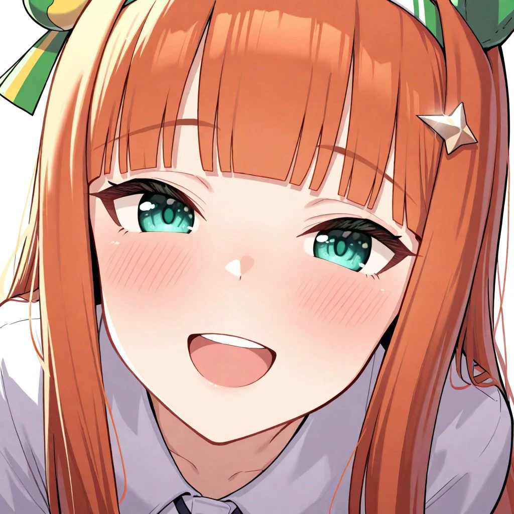 brown eyes,long hair,clover hair ornament,ahoge,blue jacket,white dress, long sleeves,green bow, black thighhighs,sneakers,amamiya mimori, on bed,white panties, knees up, (on back), flustration,open legs, missonary position,pov,standing penis,handjob by boy, scared face, cum shot,