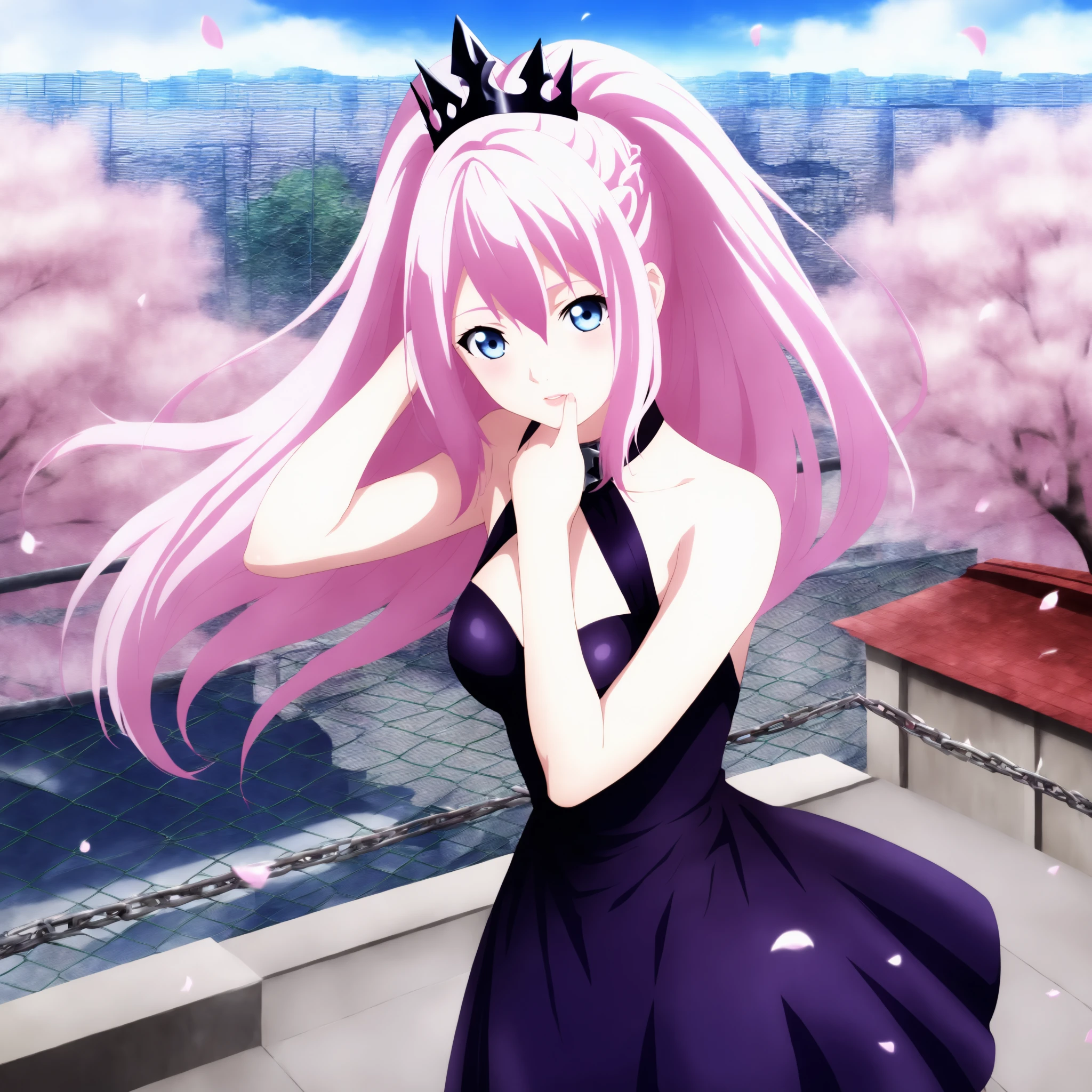 masterpiece,best quality, 1girl, solo, two side up, 15_Shionne_01B, shionne 01b, pale skin, (long hair),pink hair, (blue eyes),medium breast size,1girl black dress, dress, solo,dress, bare shoulders, sleeveless, sleeveless dress, black crown, purple dress , looking up, hand on the chin, rooftop,chain-link fence,  wind,  floating hair, standing,  thinking, very beautiful, so attractive, high detail background, cherry blossom trees,  <lora:Shionne_Black_Dress-000014:0.9>