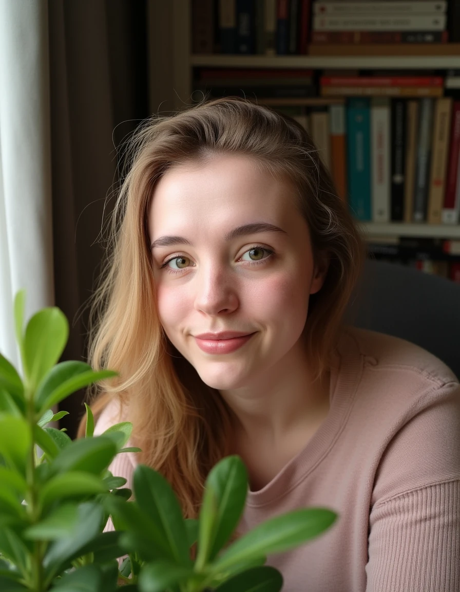 A close-up portrait of 3L41R1D4 sitting by her window, with soft natural light gently illuminating her face and creating subtle shadows. She has a relaxed, genuine smile, and her slightly tousled hair adds to her natural charm. She is dressed in casual clothes. The background reveals a cozy room with bookshelves and lush green plants, enhancing the warmth and comfort of the scene.