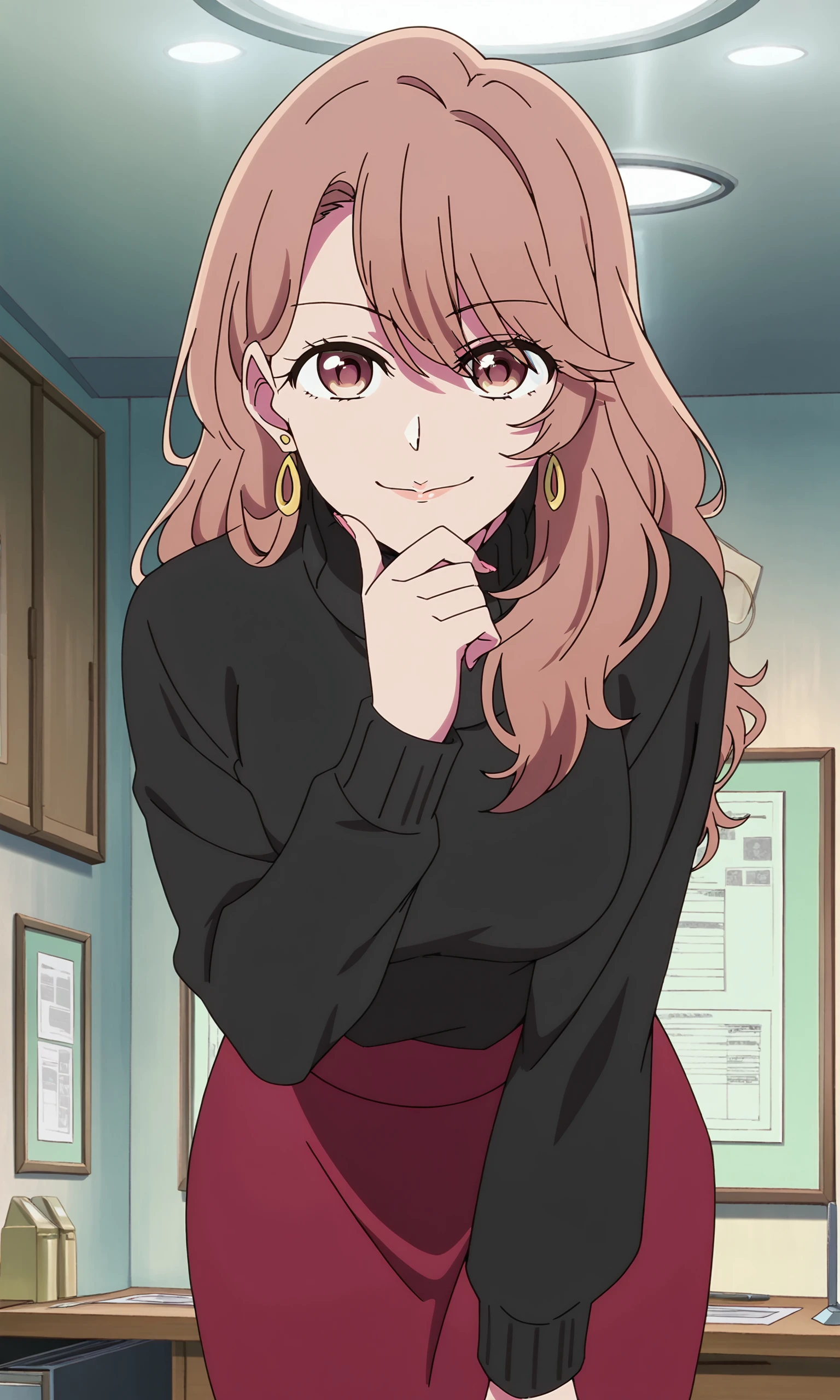 anime coloring, anime screencap, masterpiece, best quality, amazing quality, detailed face,
inside an office,
 <lora:Miyako_Saitou_Oshi_No_Ko_-_Illustrious_r1:1>1girl,  long hair, brown hair, brown eyes, jewelry, hoop earrings, black turtleneck sweater, turtleneck, red skirt,
indoors, office, seductive smile, eyelids half open, girl's chin pointed downward, looking at viewer, sexy pose