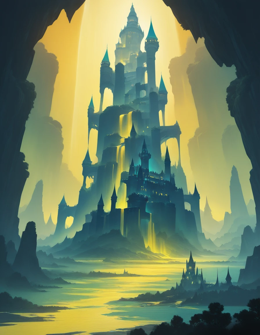 painted world,  glowing, monolithic architecture, castle in the distance, breathtaking scenery, background focus, dark and damp, neon cyan waterfall, neon yellow glow   <lora:Painted_World_IllustriousXL:0.6>