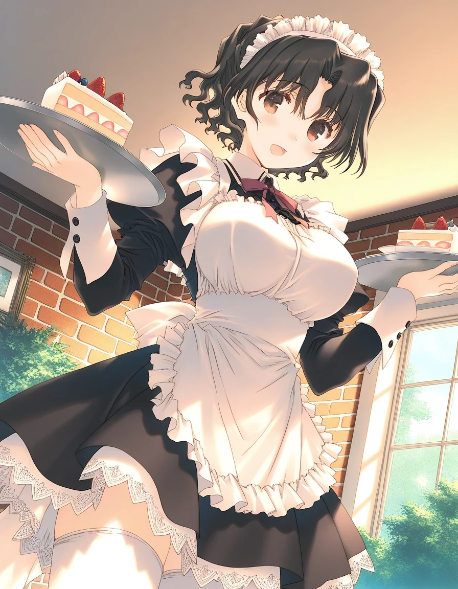 promo photo, The place is a coffee shop, 1 girl, 16-year-old face, Waitress carrying cake to table, Red-headed twin-tailed, kind face, Gothic ta half costume and maid costume with strawberry image, Clothes based on white,big breasts