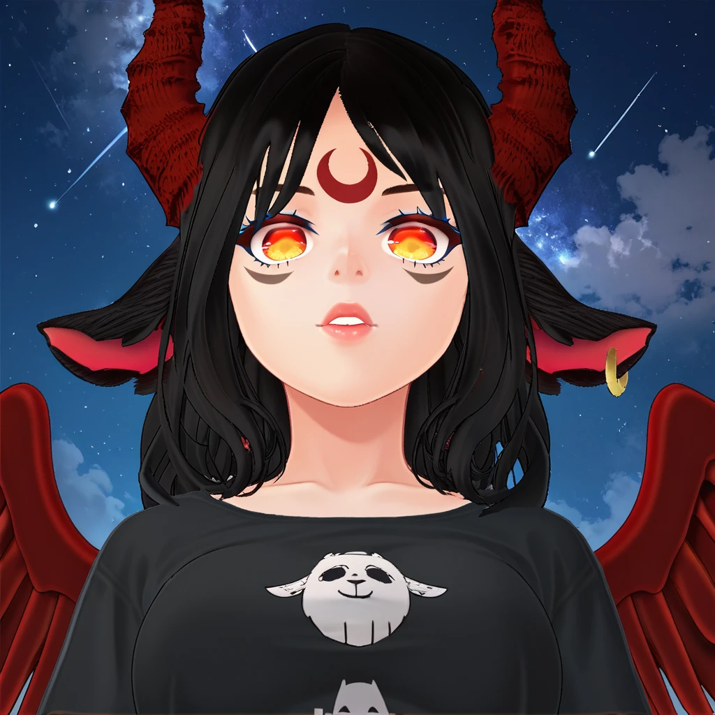 score_9, score_8_up, score_7_up,1girl,goat girl, red horns, eyes, red eyes, orange eyes, multicolored eyes, animal ears, black hair, red wings, facial mark, medium hair, yellow eyes, parted bangs, single earring, forehead red mark crescent, breasts, lips, horns, demon horns, feathered wings, night sky, horizontal pupils, marks below eyes