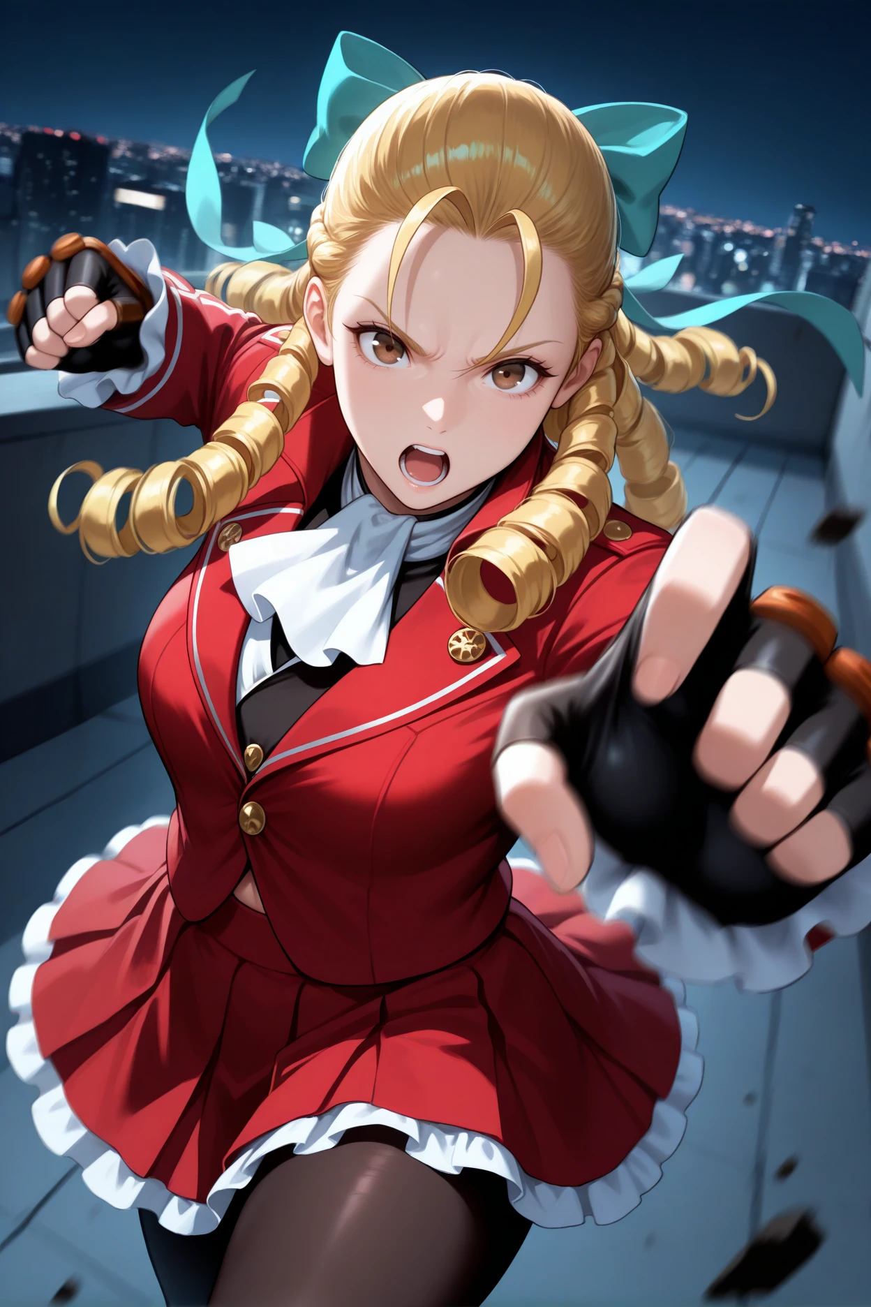 masterpiece, best quality, 1girl, solo, <lora:kanzukikarin-illu-nvwls-v1-000005:1> sfkrn, blonde hair, ringlets, hair pulled back, antenna hair, brown eyes, hair bow, aqua bow, red jacket, white ascot, red skirt, frilled skirt, fingerless gloves, black pantyhose, incoming punch, serious, open mouth, looking at viewer, motion blur, night, pov, city, fist