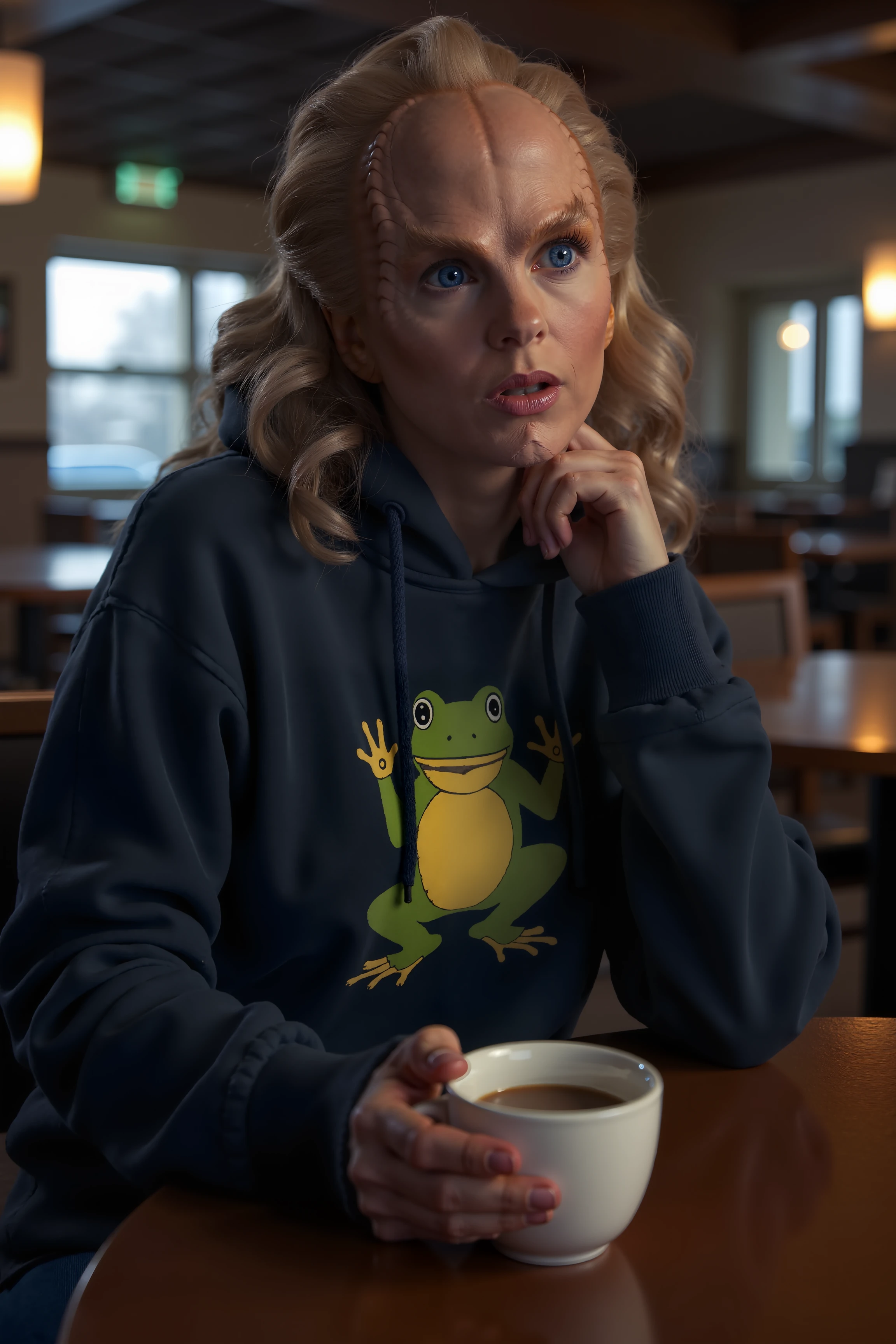 a finnish denobulan woman with thin ridged face and deep blue eyes is sitting at the empty cafe wearing a hoodie with a frog painted on it. holding a cup, contemplating.Fantastic lighting. Detailed shadows.intricate details, vivid colors, hyper-detailed, ultra-sharp<lora:denobulan_FLUX>