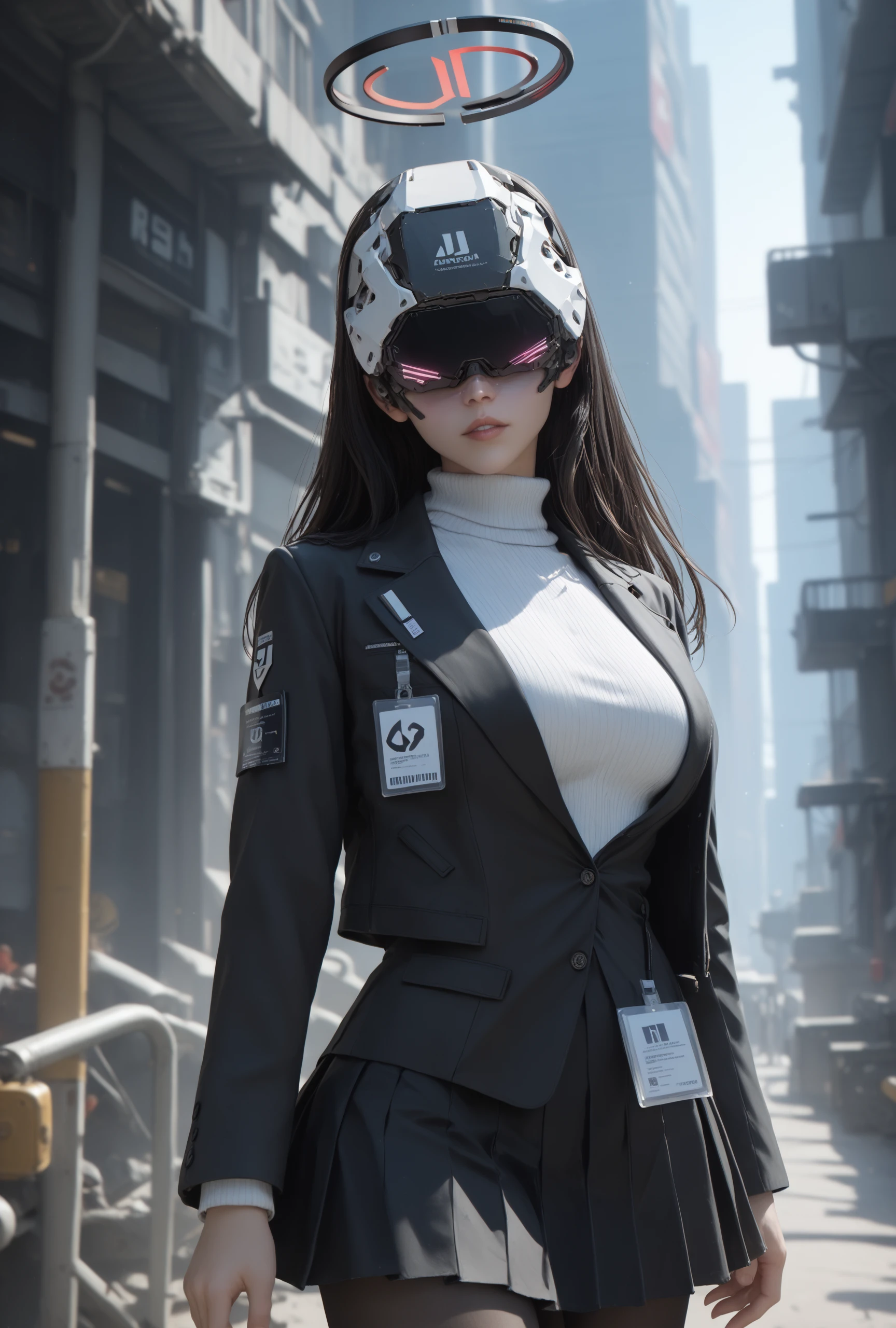 score_9, score_8_up, score_7_up, 1girl, posing, rioba,science fiction, (helmet, head-mounted display), black hair, black jacket, white turtleneck, black skirt, halo, dutch angle, cowboy shot, parted lips, head tilt, id card, black skirt, pantyhose <lora:v1sorm4sk_pdxl-000008:1.3> <lora:Hoseki_BlueArchive_Rio_PDXL_v1:0.8>