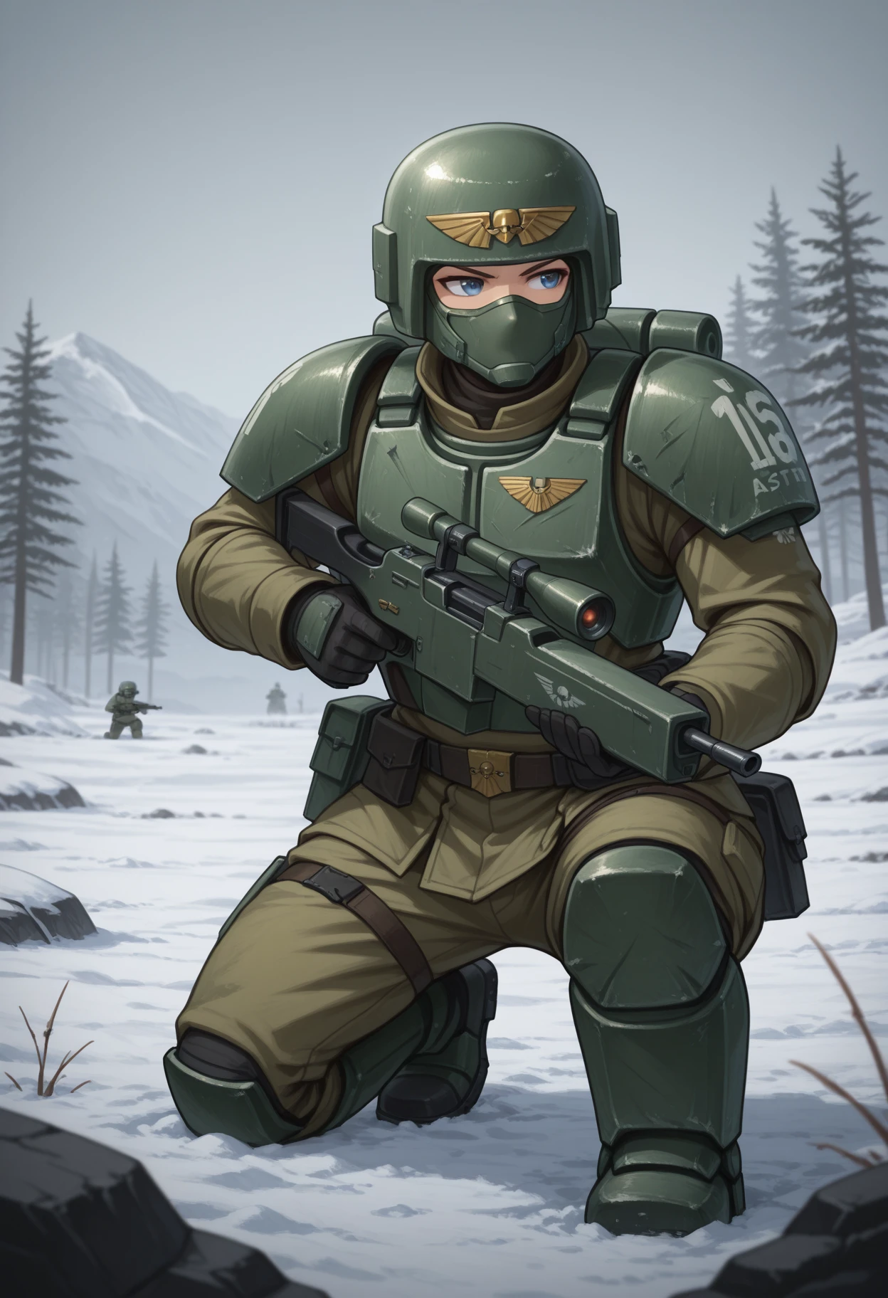 outdoors, snowy
1boy, armor, enclosed helmet, goggles, face mask, astra militarum, on one knee, aiming rifle
<lora:cadian-il:1> cadian, masterpiece, best quality