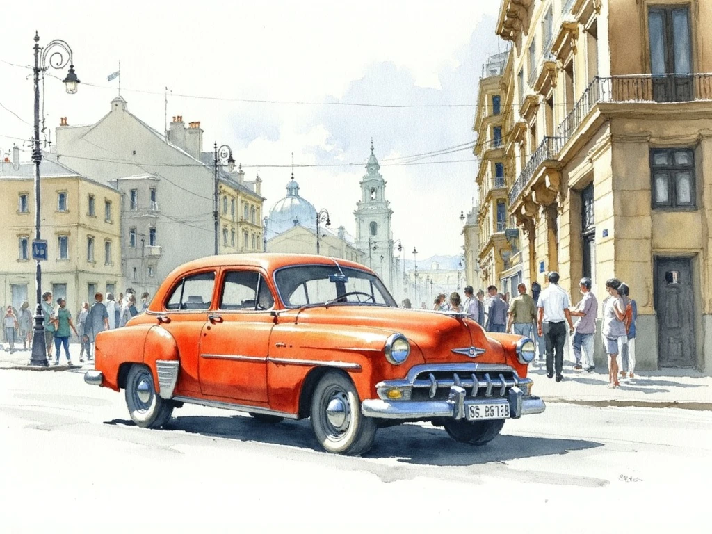 WTRCLR, watercolor, old fashion car on the street