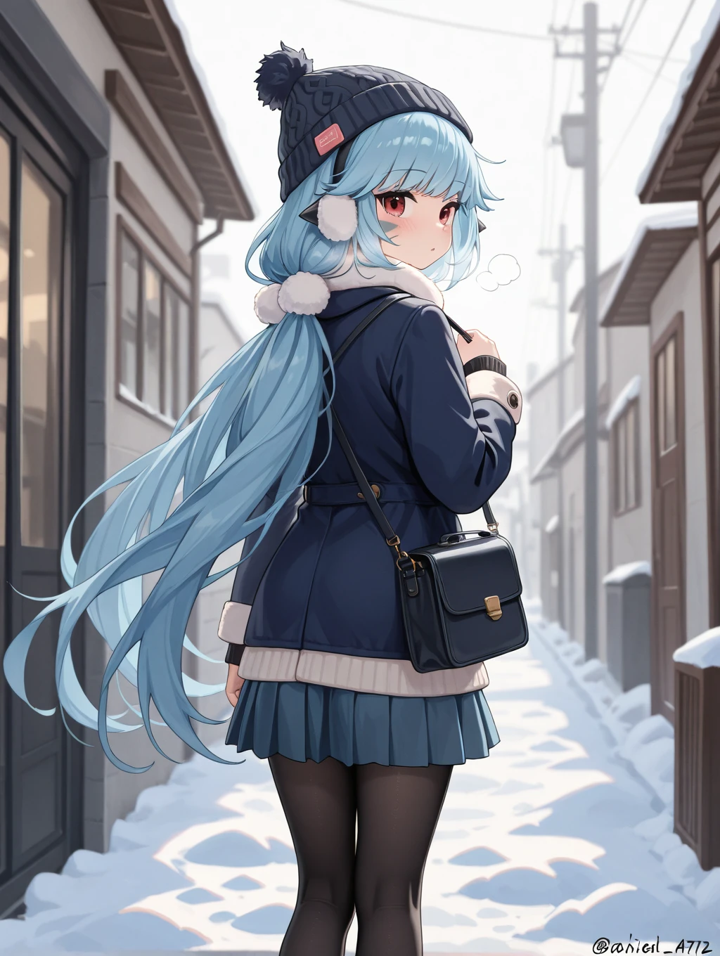 aa72, 1girl, solo, long hair, looking at viewer, skirt, red eyes, hat, very long hair, blue hair, pantyhose, pleated skirt, looking back, bag, twitter username, from behind, blue skirt, black pantyhose, earmuffs


masterpiece, best quality,amazing quality, very aesthetic, absurdres, depth of field, blurry background, extremely detailed face, detailed eyes