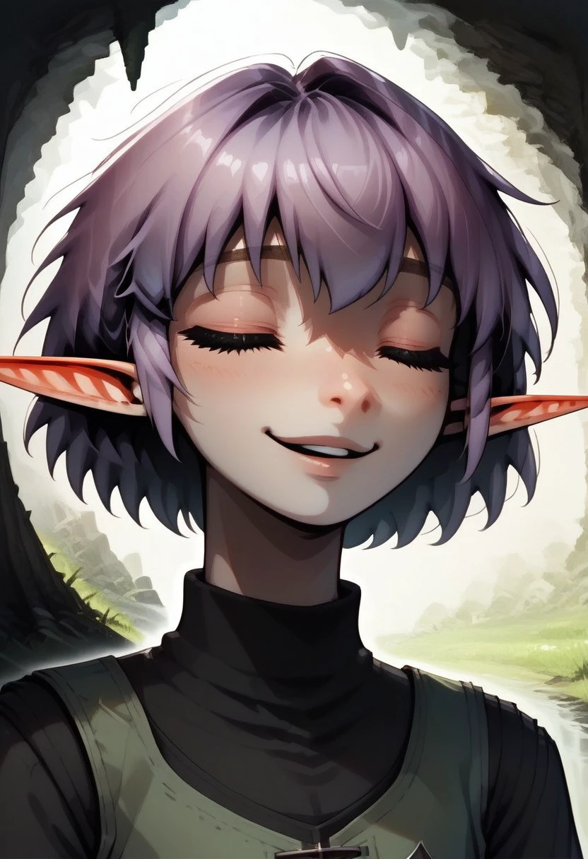 Parnea, 1 person, androgynous, solo, pointy ears, short hair, closed eyes, lilac hair, black undershirt, turtleneck collar, 
organic cavern background,
Close up, face focus, happy,
Medieval style, Dutch angle,
Smooth colors, clean lines, high quality, best quality, masterpiece, score: 9, score: 8 up, rating: safe, source: semi-realistic,