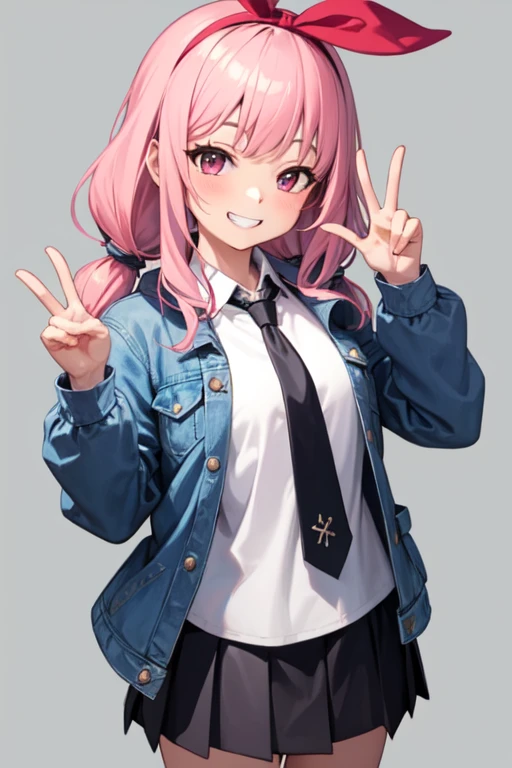 1girl, solo, bow hairband, red hairband, twintails, wavy hair, pink hair, blue jacket, denim jacket, black necktie, white shirt, pink skirt, pleated skirt, cowboy shot, smile, grin, piece sign