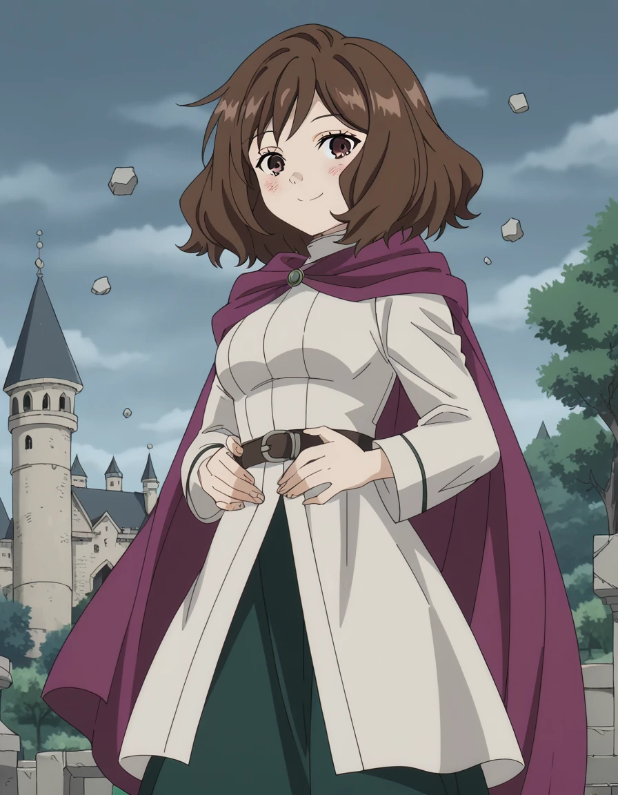 score_9, score_8_up, score_7_up, source_anime, <lora:ehre-s1-ponyxl-lora-nochekaiser:1>, ehre, short hair, brown hair, brown eyes, medium hair, medium breasts, anime screencap, skirt, long sleeves, dress, belt, cape, purple cape, castle, stone, towers, medieval, royalty, smile, hands on stomach, blush,, looking at viewer, solo,, dutch angle, cowboy shot