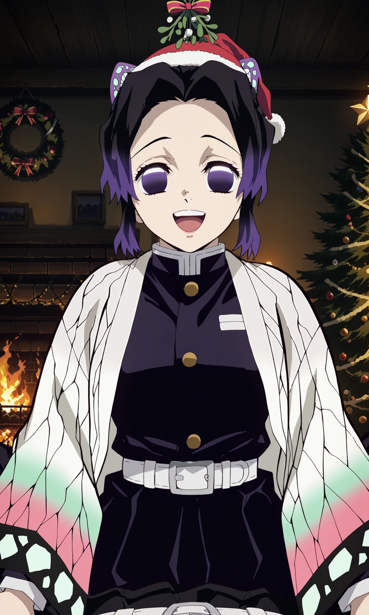 anime coloring, anime screencap, masterpiece, best quality, amazing quality, detailed face,
in a cozy house, fireplace, Christmas tree, lights on Christmas tree, star at the top of Christmas tree, girl standing under mistletoe,
 <lora:Shinobu_Kochou_Demon_Slayer_Kimetsu_no_Yaiba_-_Illustrious:1>1girl, kochou shinobu,demon slayer uniform, hair ornament, butterfly hair ornament, purple eyes, short hair, black hair, purple hair, multicolored hair, black pants, Japanese clothes, long sleeves, white belt, girl wearing a santa hat,
:D, happy girl, mouth open, smiling, teeth on top row, looking at the viewer