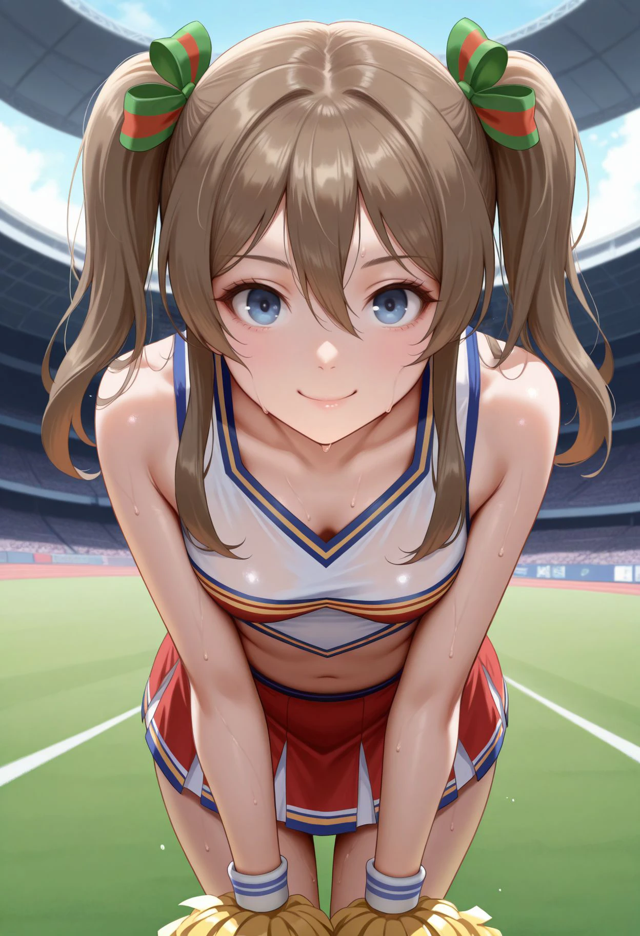 masterpiece, best quality, amazing quality, very aesthetic, absurdres,  looking the viewer,
 <lora:Wendy:1> akwendy, brown hair, 1girl, twintails, long hair, blue eyes,, hair ribbon, hair between eyes,  cheerleader, midriff, pom pom \(cheerleading\), stadium, sneakers, cowboy shot, sweat, smile, bent over,