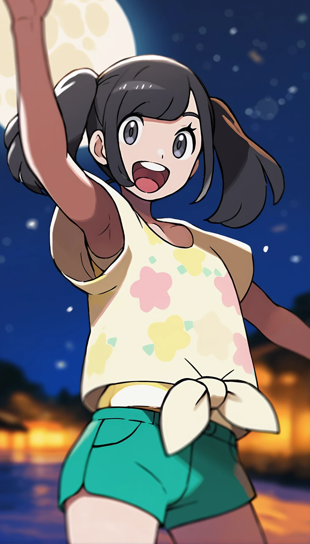 score_9,score_8_up,score_7_up,
<lora:selene:1>,eneles,
1girl,solo,
black hair,black hair,twintails,bangs,
grey eyes,looking at viewer,open smile,
yellow short sleeves shirt,
a tank top worn under the shirt,tied shirt,green shorts,
cowboy shot,
blurry background,vignetting,depth of field,outdoors,beach,night,starry sky,full moon,light particles,