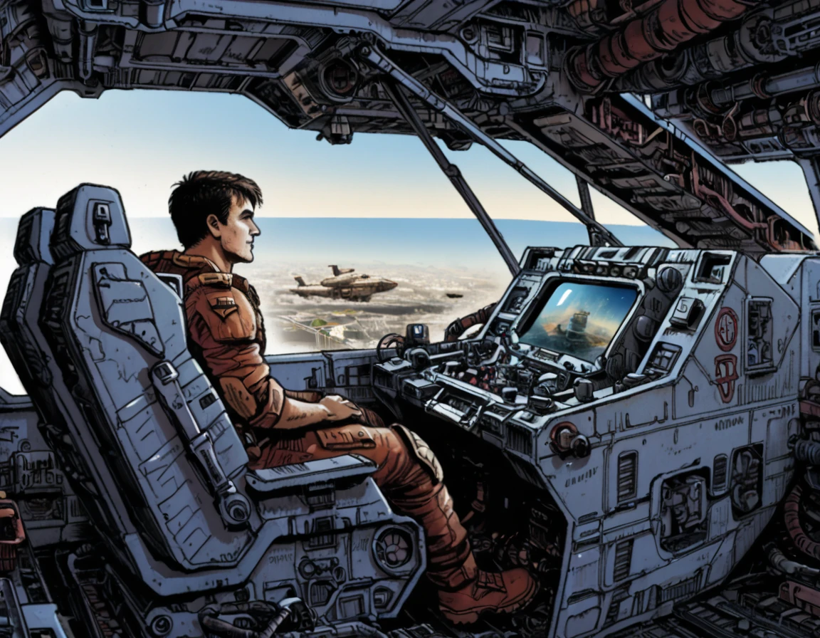 1boy, sitting bin cockpit of spaceship
 <lora:Aliens_dead_orbit_-_James_Stokoe_Style:1>