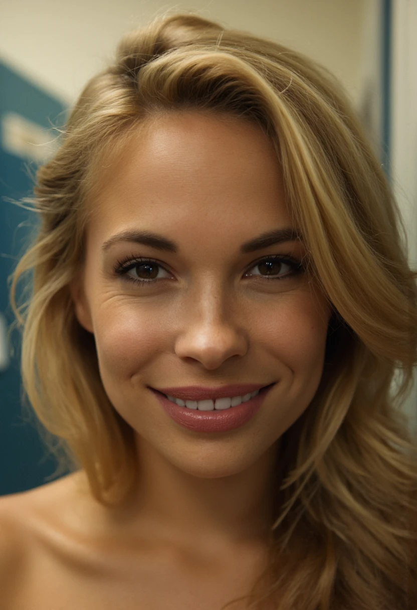 the image is a high-quality professional  close-up photograph of  beautiful danimathers  . She is wearing  pants. She is looking directly at the viewer and smiling. The background is locker room. This photo is a headshot. Shot with small amount of film grain