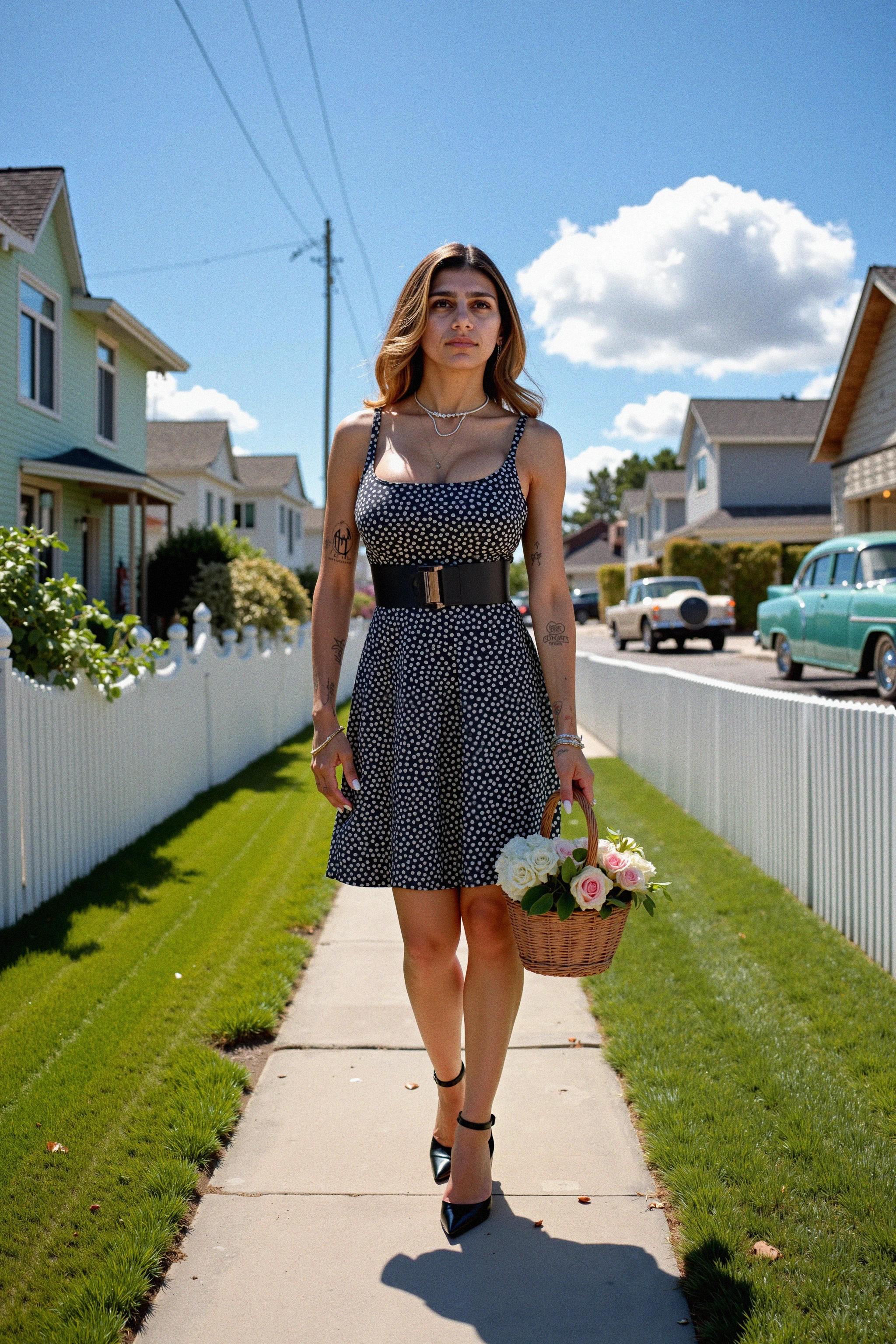 A full-body shot of a woman standing in the heart of a pristine 1950s suburban neighborhood, framed by rows of neatly manicured lawns, white picket fences, and pastel-colored houses. Sheâs dressed in a classic, knee-length polka-dot dress with a cinched waist and kitten heels, her hair perfectly styled in soft waves. In one hand, she holds a basket filled with fresh flowers, and her face wears a bright, welcoming smile, though her eyes hint at something deeper. Behind her, a vintage car is parked in a nearby driveway, glinting under the afternoon sun. The sky is clear and blue, with a few fluffy clouds, and the scene feels idyllic and serene, capturing the charm and order of 1950s suburbia, while subtly suggesting the secrets and complexities behind the facade of this seemingly perfect neighborhood. <lora:MiaKhalifaV3_26_Flux:1>