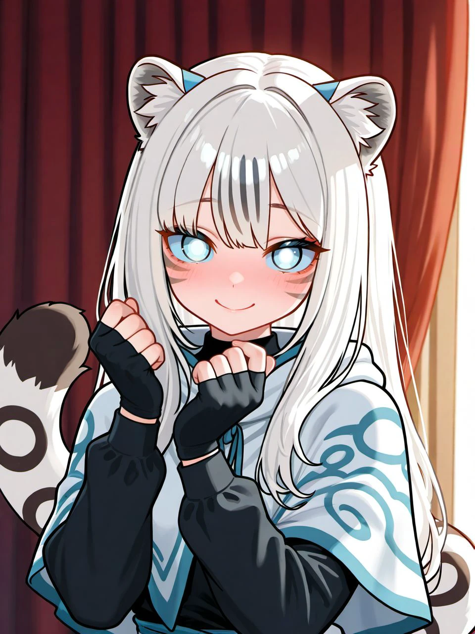 masterpiece, best quality, amazing quality, very aesthetic, high resolution,
maru, 1girl, animal ears, tail, solo, smile, blue eyes, white hair, fingerless gloves, gloves, bangs, facial mark, closed mouth, looking at viewer, long hair, tiger ears, curtains, upper body, black gloves, capelet, whisker markings, hands up, long sleeves,
<lora:maru_race_v2_epoch_8:0.9>,