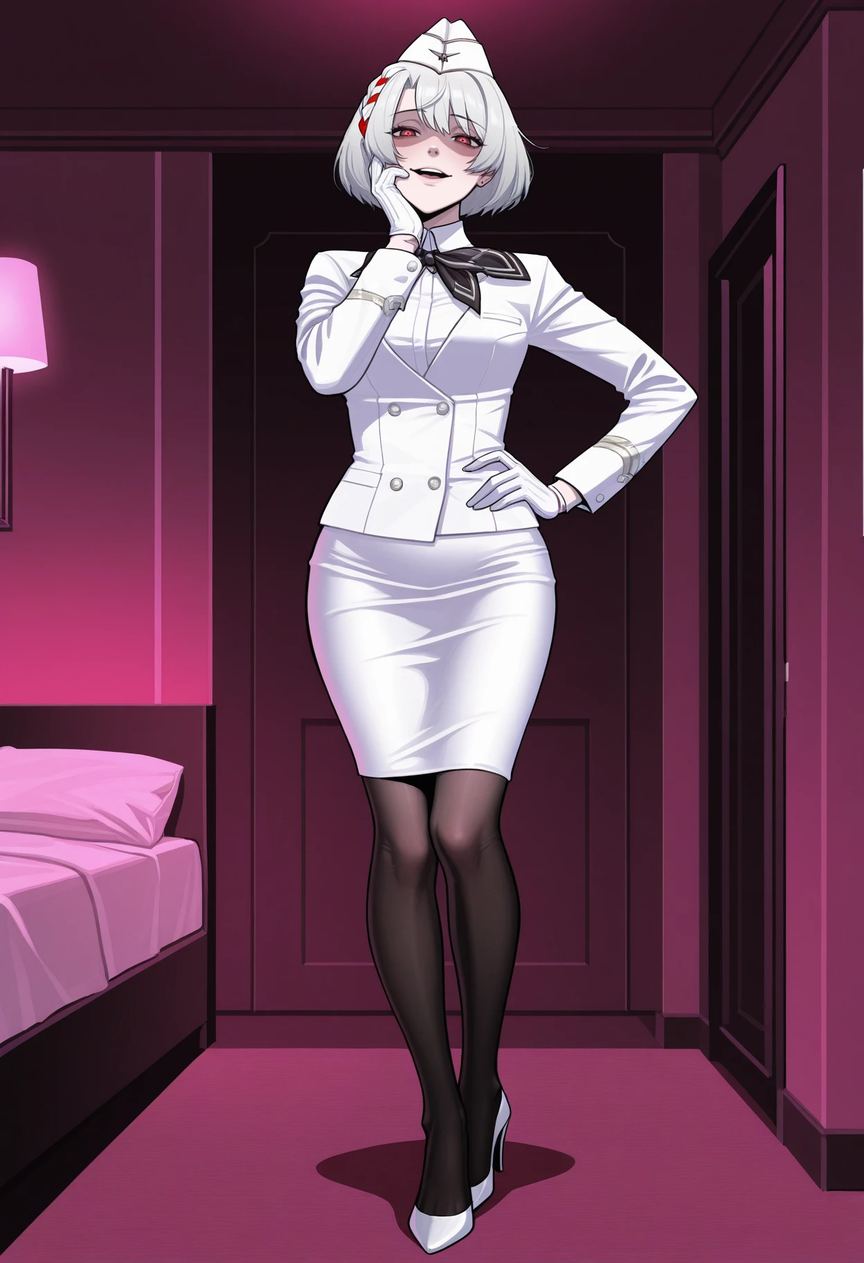 [disney|incase], 1girl,  mio \(xenoblade\)  hotel room, yandere trance,   <lora:Outfit_Soph-Aeroflot-ILXL42:0.9> st3w4rd3ss, white jacket, formal,  white shirt, white garrison cap, white  pencil skirt, black pantyhose, high heels, standing,  hand on hip, sleeve cuffs, masterpiece, best quality, very aesthetic, newest