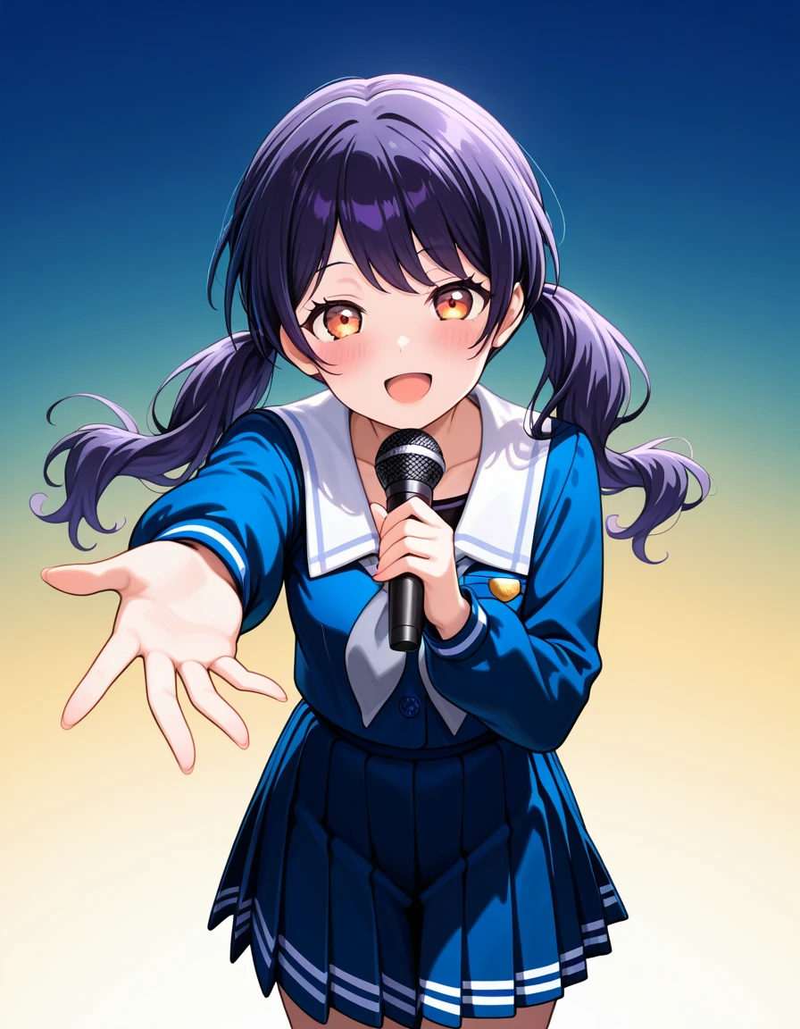 <lora:Morfonica_noobXL:1>, futaba tsukushi, 1girl, solo, tsukinomori school uniform, smile, school uniform, pleated skirt, shirt, long sleeves, white sailor collar, blue skirt, reaching towards viewer, holding microphone, blue serafuku, blue shirt, looking at viewer, collarbone, blush, standing, grey neckerchief, gradient background, singing, very awa, masterpiece, best quality, highres, absurdres, newest,