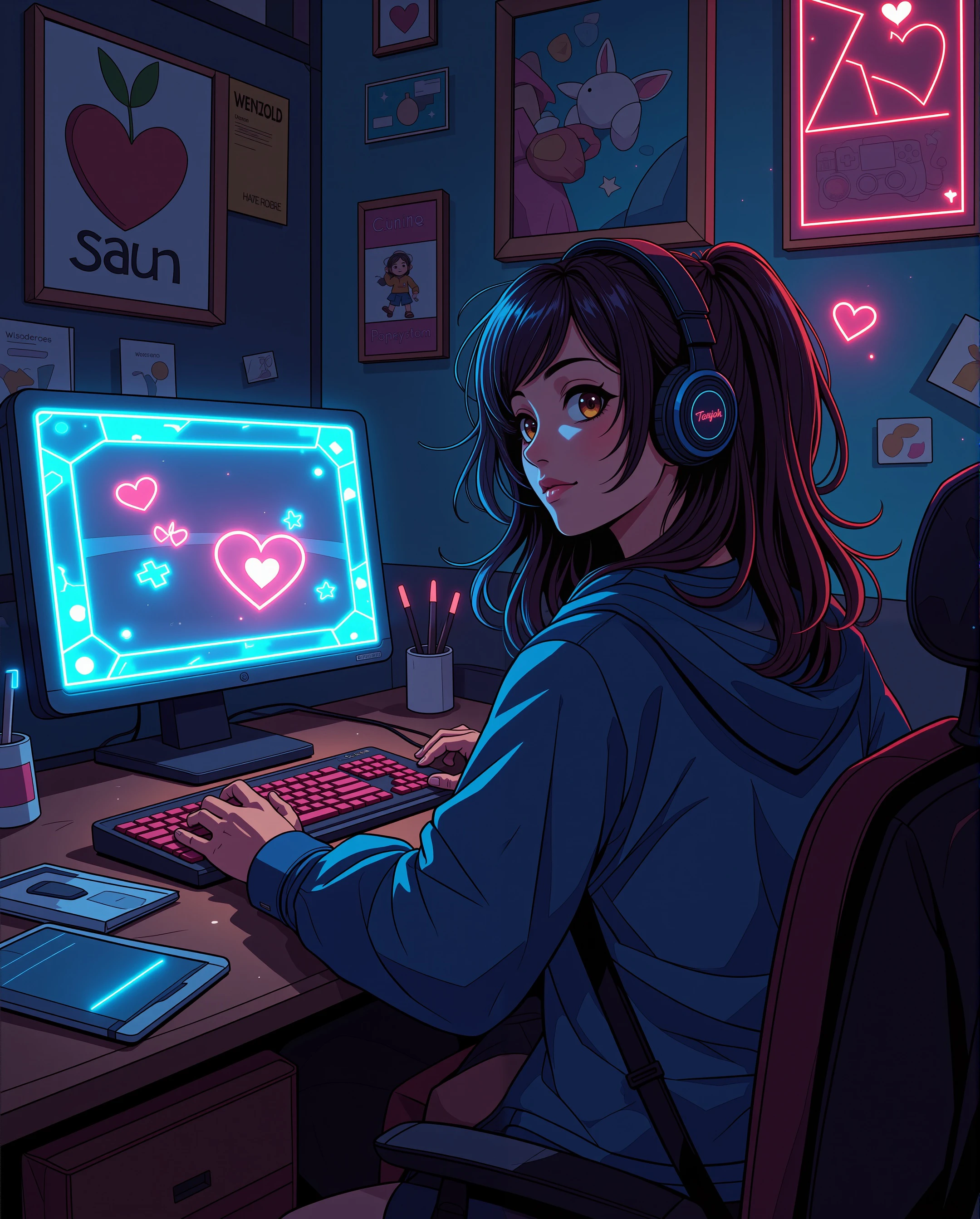 a gamer girl sat at her desk streaming, wearing head phones