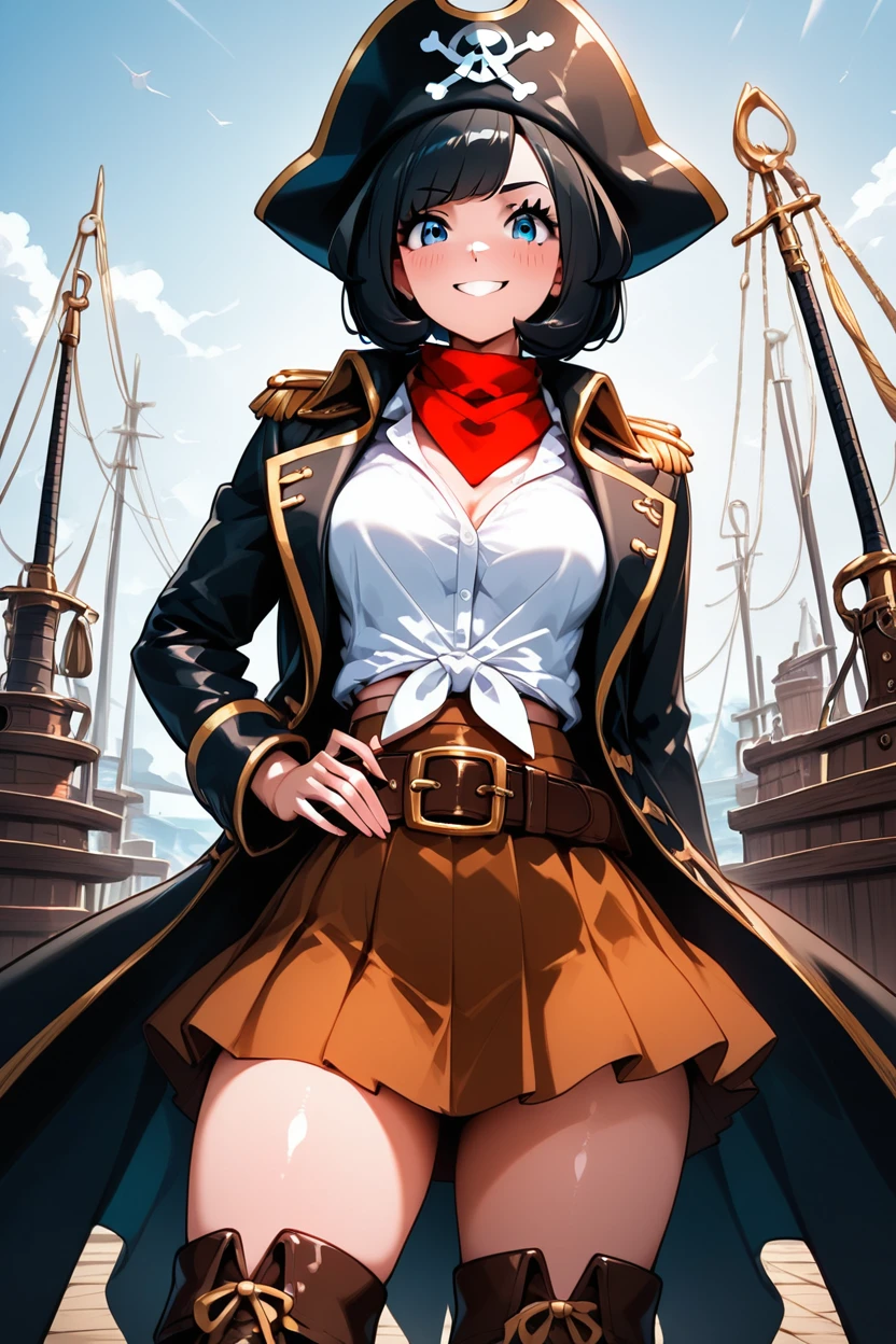 score_9, score_8_up, score_8, medium breasts, (curvy), cute, eyelashes,      ,,,  zzSSeleneCitron, blue eyes, black hair, short hair,  shirt, hat, white shirt, pirate hat, skirt, thighhighs, boots, belt, brown skirt,  <lora:SwashbucklerSelenePDXL:1.0>, BREAK, embedding:zPDXL, Expressiveh, ,,, <lora:EnergyCAT:1.0>, solo, smile, looking at viewer, aura, blue sky, ,,, <lora:SDXLFaeTastic2400:0.5>, <lora:Expressive_H-000001:0.4>,