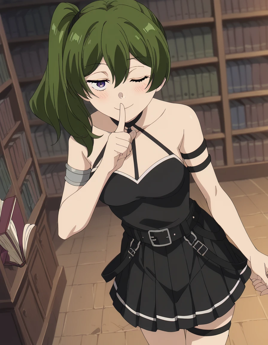 score_9, score_8_up, score_7_up, source_anime, <lora:ubel-s1-ponyxl-lora-nochekaiser:1>, ubel, medium hair, hair between eyes, green hair, side ponytail, purple eyes, medium breasts, anime screencap, skirt, gloves, dress, bare shoulders, pleated skirt, sleeveless, black gloves, elbow gloves, belt, miniskirt, black skirt, black dress, thigh strap, sleeveless dress, halterneck, armband, single glove, black belt, pleated dress, arm strap,, library, books, shelves, reading, quiet, smile, <lora:shushing-ponyxl-lora-nochekaiser:1>, shushing, finger to mouth, index finger raised, from above, library, smile, blush, one eye closed, dutch angle,, looking at viewer, solo,, dutch angle, cowboy shot