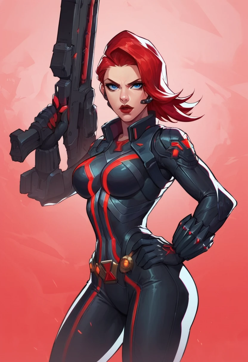 score_9, score_8_up, score_7_up, score_6_up, expressiveh, blackwidow_rivals, 1girl, solo, cowboy shot, red hair, asymmetrical hair, headset microphone, eyeliner, blue eyes, red lips, bodysuit, black bodysuit, gloves, black gloves, forearm guns, black clothes, red details, red glow, baton_(weapon), holding weapon, sniper rifle, holding sniper rifle, huge weapon, posing, hand on hips, red sparks, red background, geometric shapes, looking at viewer, geometric pattern on background <lora:Black_Widow_Marvel_Rivals_-_PonyXL:0.5>