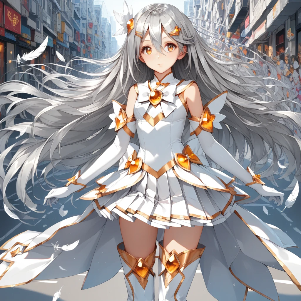 Magical Girl, hair ornament, half-up hair, Amber eyes, white feather, thigh boots, frilled_boots, miniskirt, hair between eyes, white boots, hair clip, elbow gloves, pleated skirt, white back bow, long hair, white top, white skirt, , (Silver hair:1.2), white gloves, white bow, golden brooch, large bow