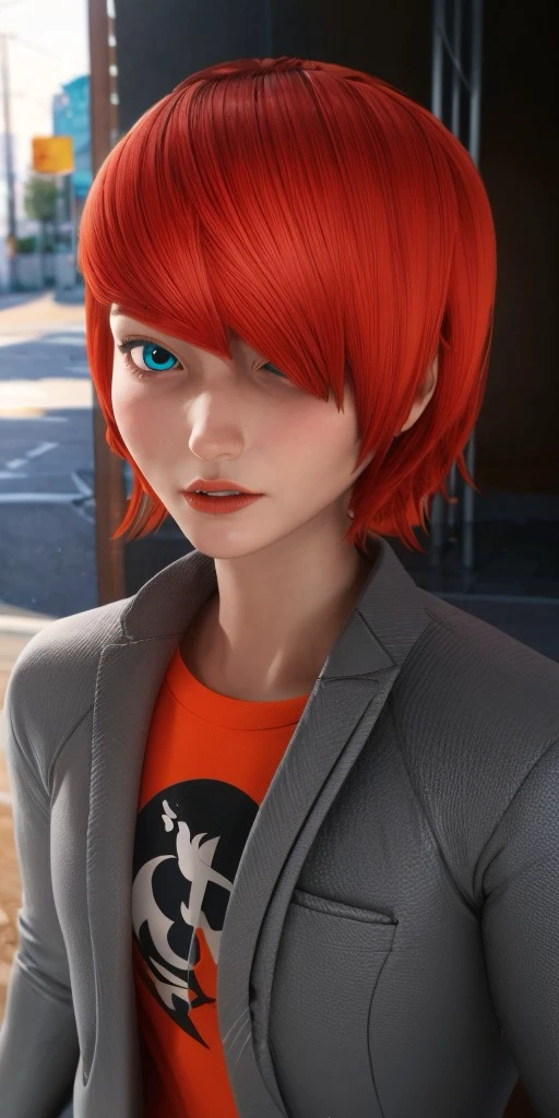 Hyperrealistic, photorealistic, super detailed, dark gray jacket with a folded collar, red orange t-shirt with a black logo under jacket, (1boy), skin colored lips, face length red-orange hair, long bangs that are brushed to the left side of his face, turquoise eyes, body like in real life, large pores, fairly short, unreal engine, octane render, droped shadow, bokeh, cinematic lighting, <lora:add_detail:0.5>, <lora:Volumetric_lighting:0.6>, Nathaniel Kurtzberg, , <lora:e43a4728-1103-40e5-b9a0-088f7dd6a72b:0.7>