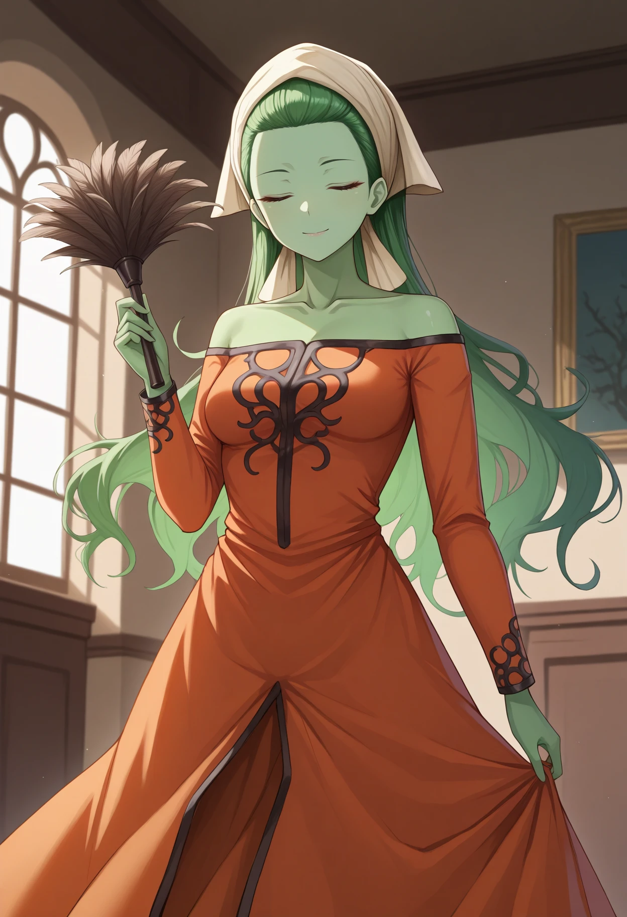 masterpiece, best quality, 1girl, looking at viewer, holding feather duster, smile, closed eyes, skirt hold, <lora:SilkySMT-illu:1> slkSMT, green hair, long hair, headscarf, hair pulled back, green skin, orange dress, collarbone, off-shoulder dress, long sleeves, indoors, mansion