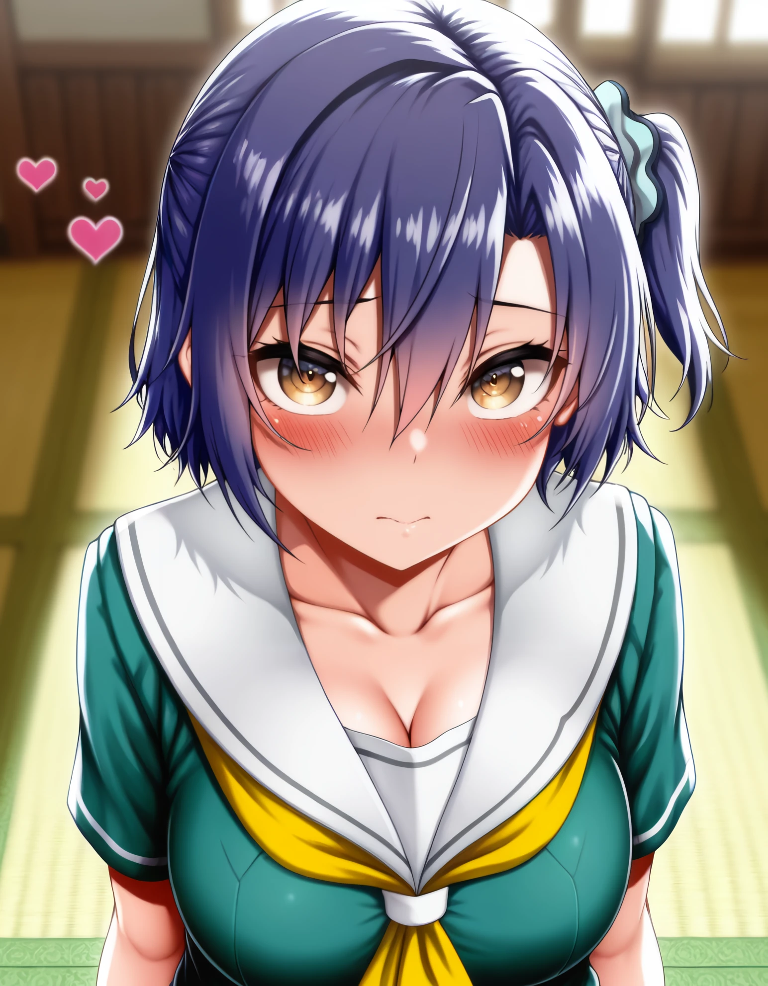 masterpiece, best quality, amazing quality, akigreen, short_hair, blue_hair, purple_hair, hair_between_eyes, one_side_up,  brown_eyes, yellow_eyes, akischool, hair_scrunchie, school_uniform, green_shirt, white_sailor_collar, yellow_neckerchief,  pleated_skirt, grey_skirt, socks, kneehighs, shoes, by_yamataka, blurry_background, large_breasts, breasts, collarbone, blurry, looking_at_viewer, blush, heart, cleavage, indoors, solo, pov, upper_body, 1girl, nameless_hill  <lora:seirei_gensouki_-_aki_sendou_il:1>