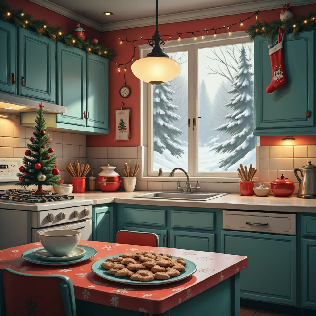 kitchen_christmas_style, a cozy kitchen decorated for Christmas with glowing string lights and teal cabinets.