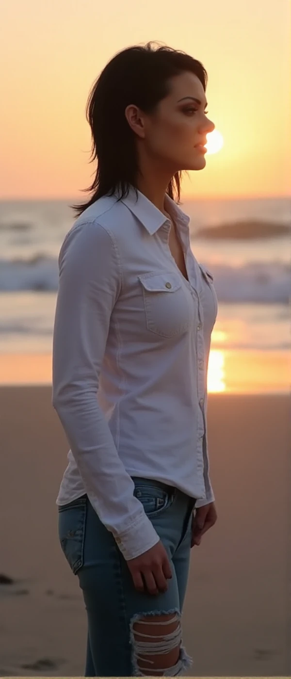 <lora:Jenna Fine:0.9> jenna fine, full body,  a woman with black hair wears a white buttondown shirt and tight ripped jeans. She poses on the beach at  sunset