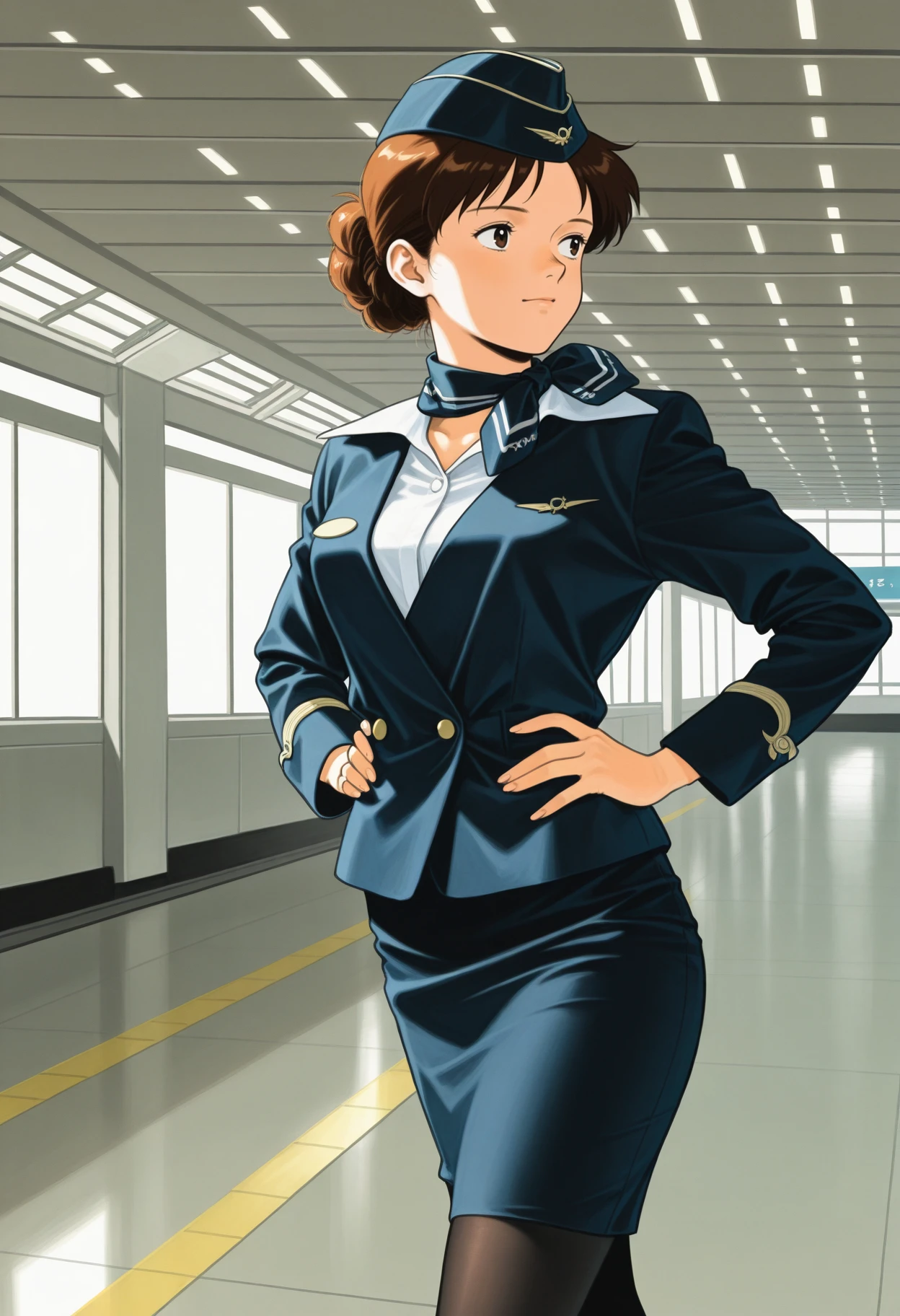 1990s \(style\),  studio ghibli,  1girl, solo,  cowboy shot, blue clothing, <lora:Outfit_Soph-Aeroflot-ILXL42:0.9> st3w4rd3ss, blue jacket, formal,  white shirt, garrison cap, blue pencil skirt, black pantyhose, high heels, standing, background airport, hands on hips, sleeve cuffs, masterpiece, best quality, very aesthetic, newest