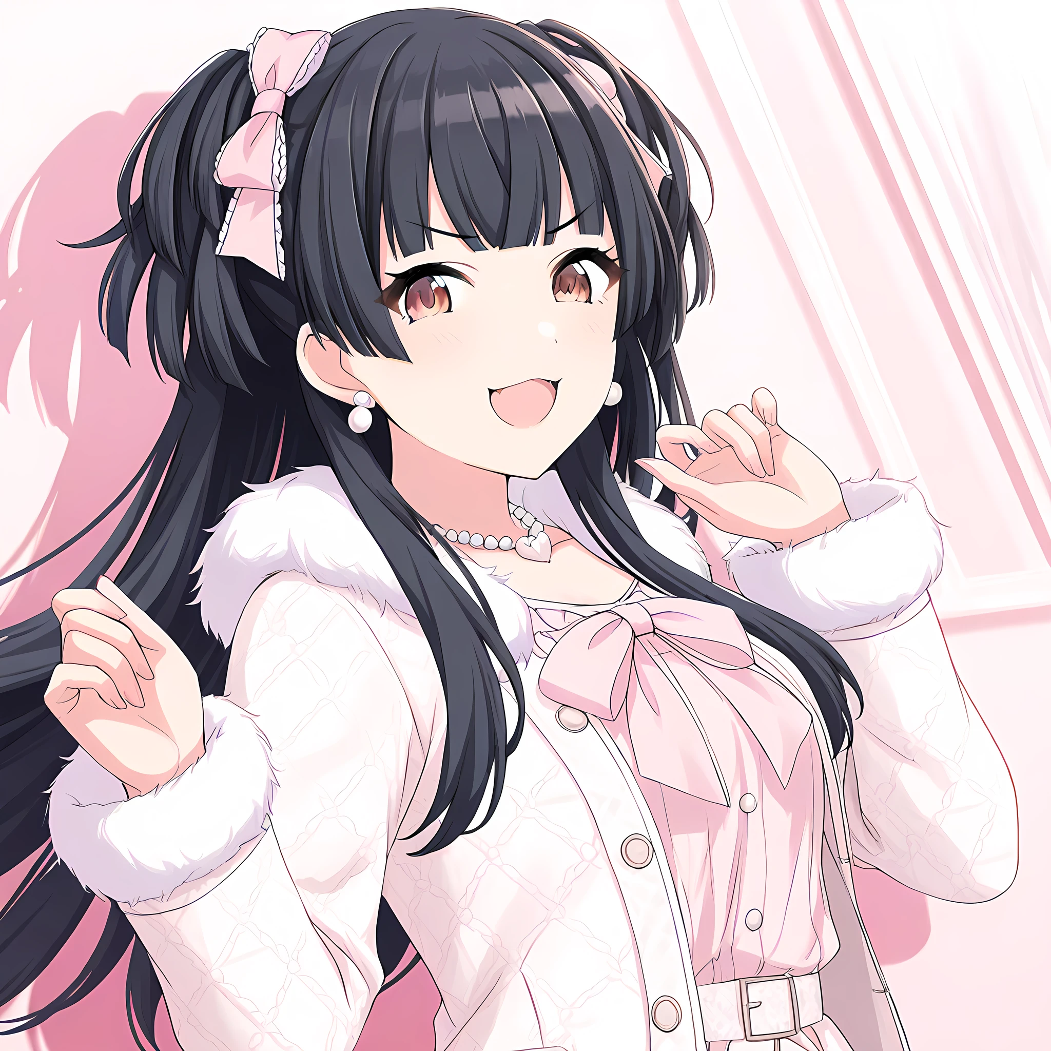 mayuzumi_fuyuko, 1girl, solo, jewelry, black hair, fur trim, earrings, long hair, necklace, open mouth, looking at viewer, bow, bangs, pearl necklace, brown eyes, open clothes, two side up, blush, hair bow, smile, coat, long sleeves, v-shaped eyebrows, upper body, wintercasual<lora:MayuzumiFuyukoIllustXL:1>, (masterpiece),(best quality),(ultra-detailed),(best illustration),(best shadow),(absurdres),(detailed background),(very aesthetic),