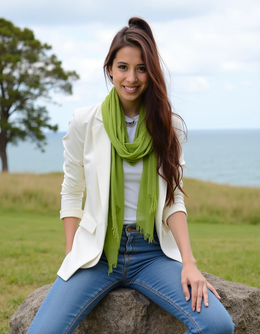 A high-resolution outdoor portrait of a young, slim, and athletic woman with long, wavy hair styled in a high ponytail. She is seated gracefully on a large rock in a lush grassy field. Dressed in a fitted t-shirt layered with a crisp white blazer, blue jeans, and a vibrant green scarf, she exudes casual elegance. Behind her, the scene opens to a vast, tranquil view of the sea under a partly cloudy sky, with a lone tree to the left casting gentle shade. The natural lighting enhances the serene coastal setting, creating a calm and harmonious atmosphere.