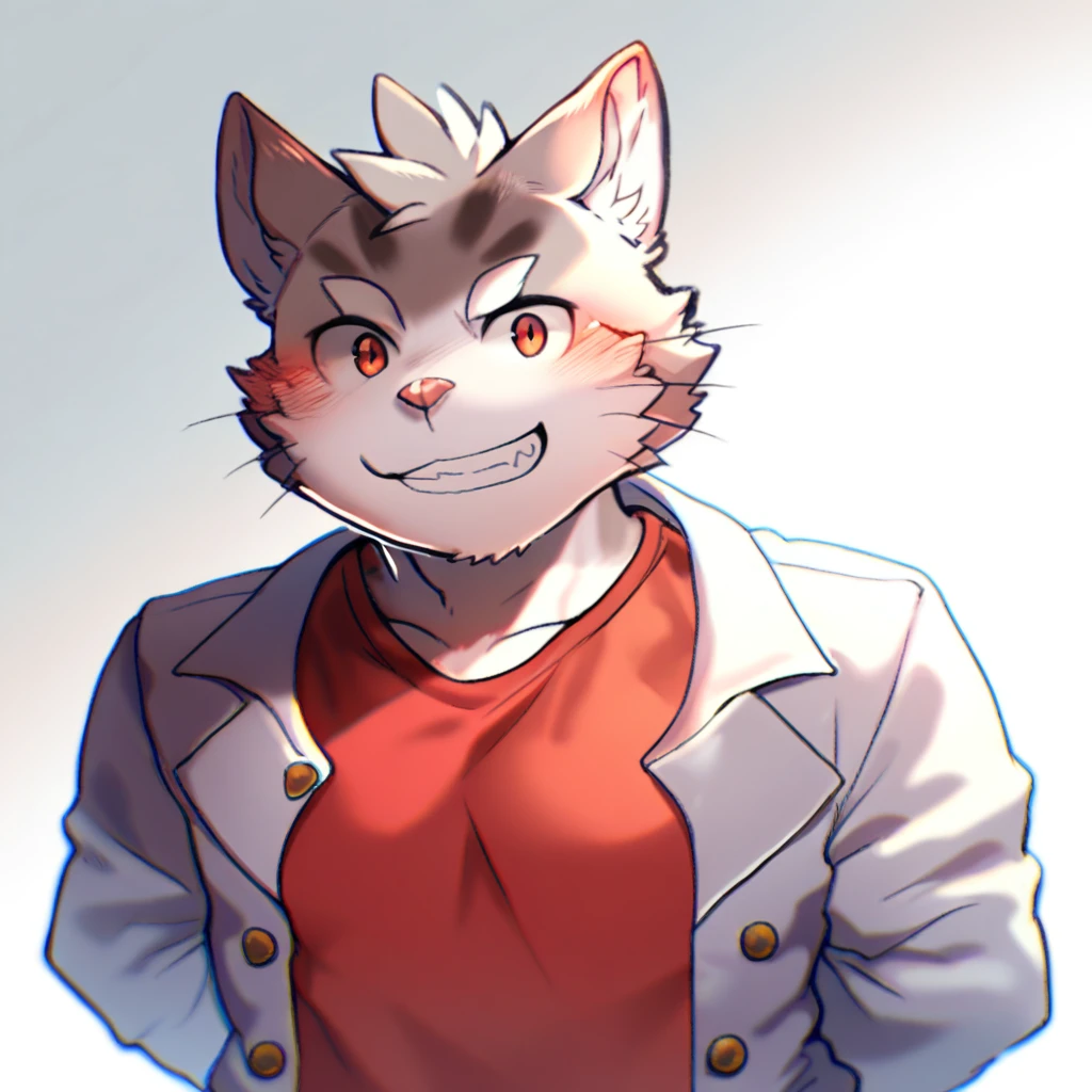 score_9, score_8_up, score_8, furry, Sitri, cat, grey fur, red pupils, cartoon style, 2d, skinny male, pecs, solo, upper body focus, face close up, red shirt, white jacket, arms behind back, looking at viewer, smile, blush, white background