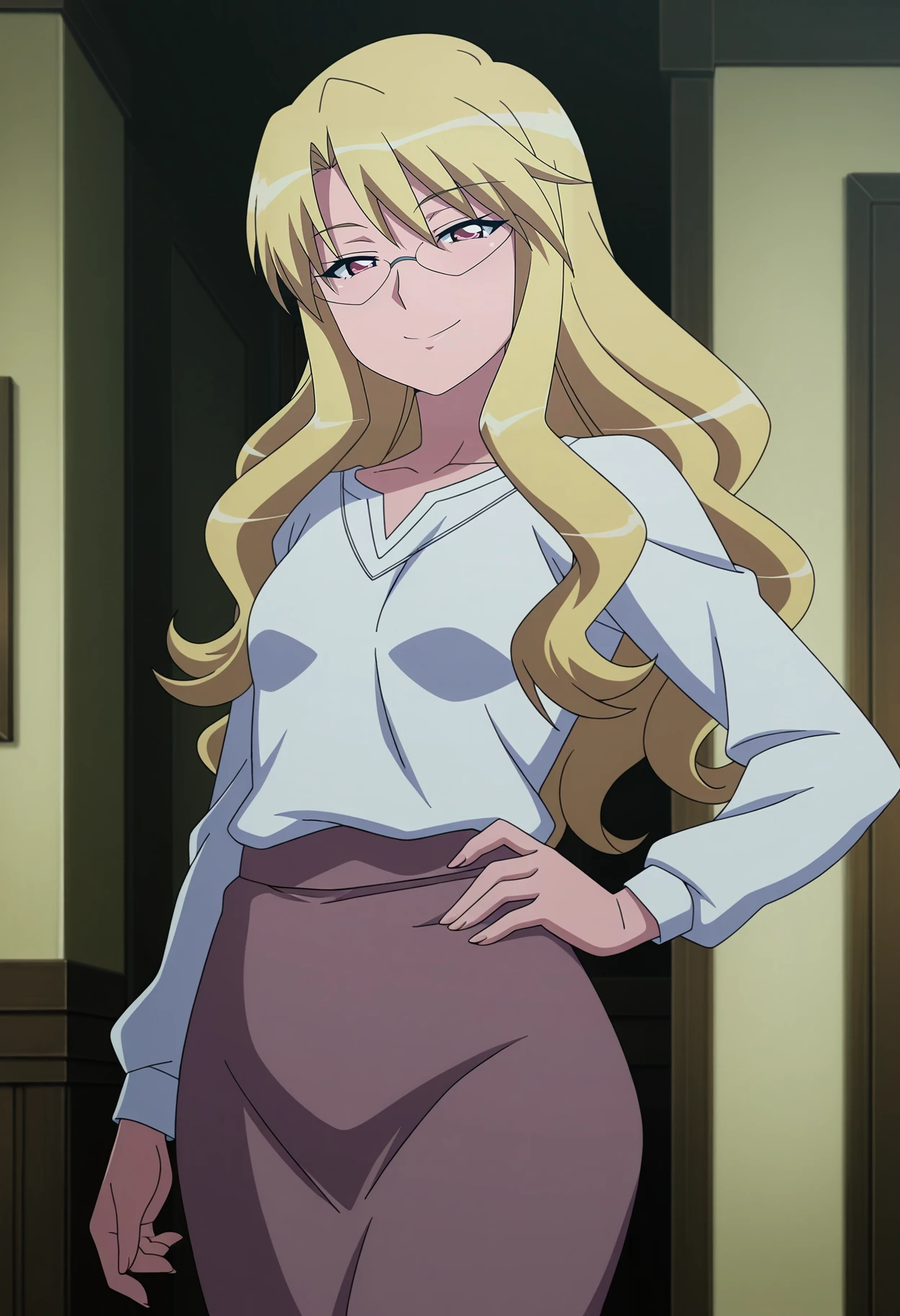 best quality, masterpiece, highres, solo, {shaga_ayame_bento:1.15}, blonde_hair, long_hair, glasses, blue_eyes, 1girl, breasts, cleavage, dress, medium_breasts