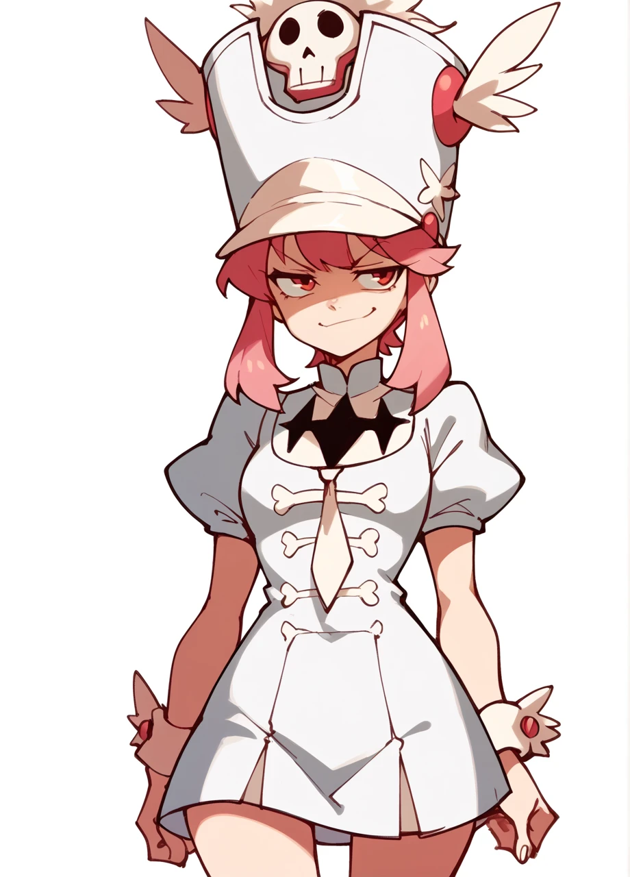 1girl, solo, cowboy shot, white background, smug, nonon nakuzure, klknondef, shako cap, pink hair, sidelocks, skull, white uniform, short puffy sleeves, wrist cuffs <lora:KLK_Jakuzure-PONY:0.8>, score_8_up, score_7_up, score_6_up, score_5_up